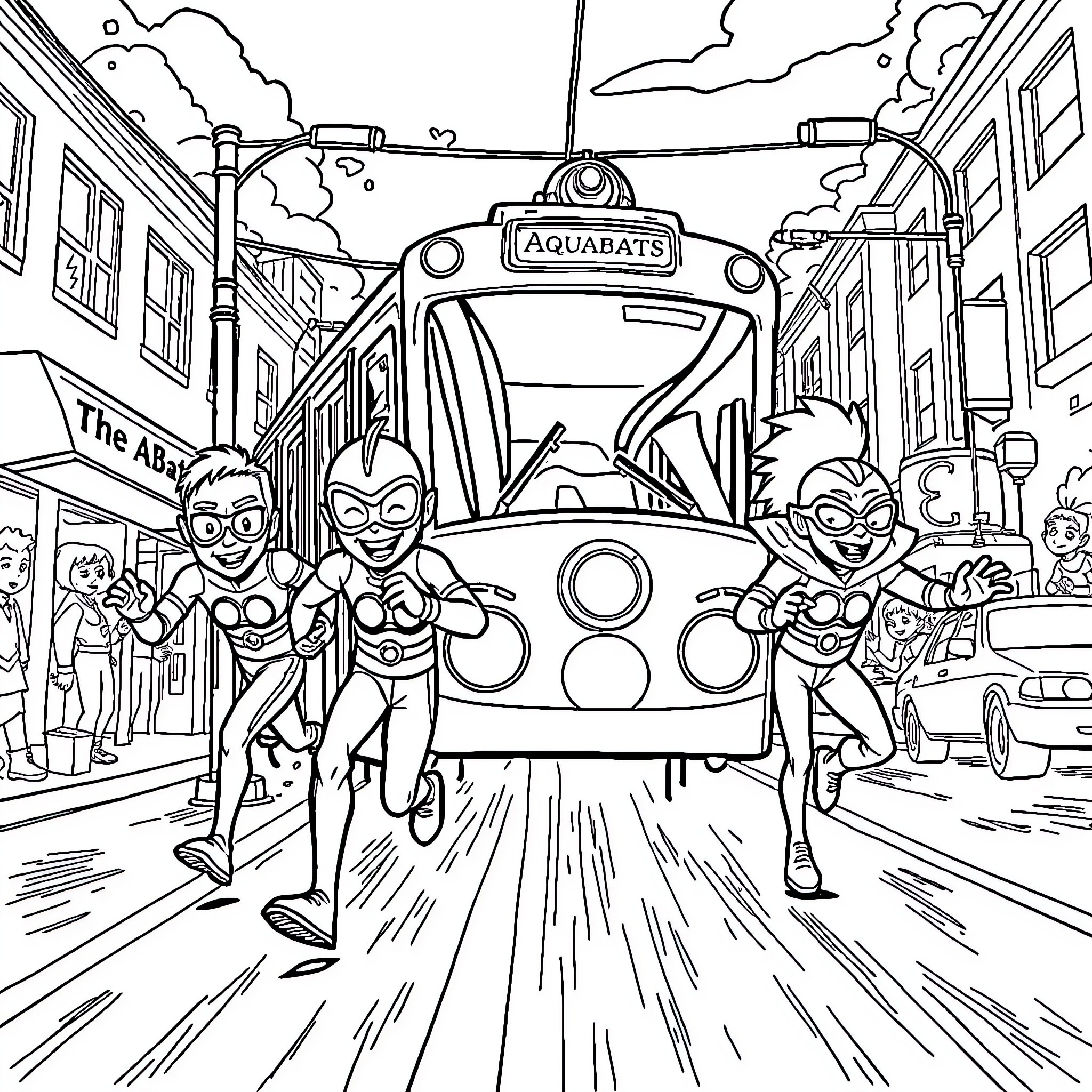 Aquabats save the day in a vibrant city Coloring Page (free black-and-white line drawing printable PDF for all, from beginners to advanced learners, including children, teens, adults, and seniors)