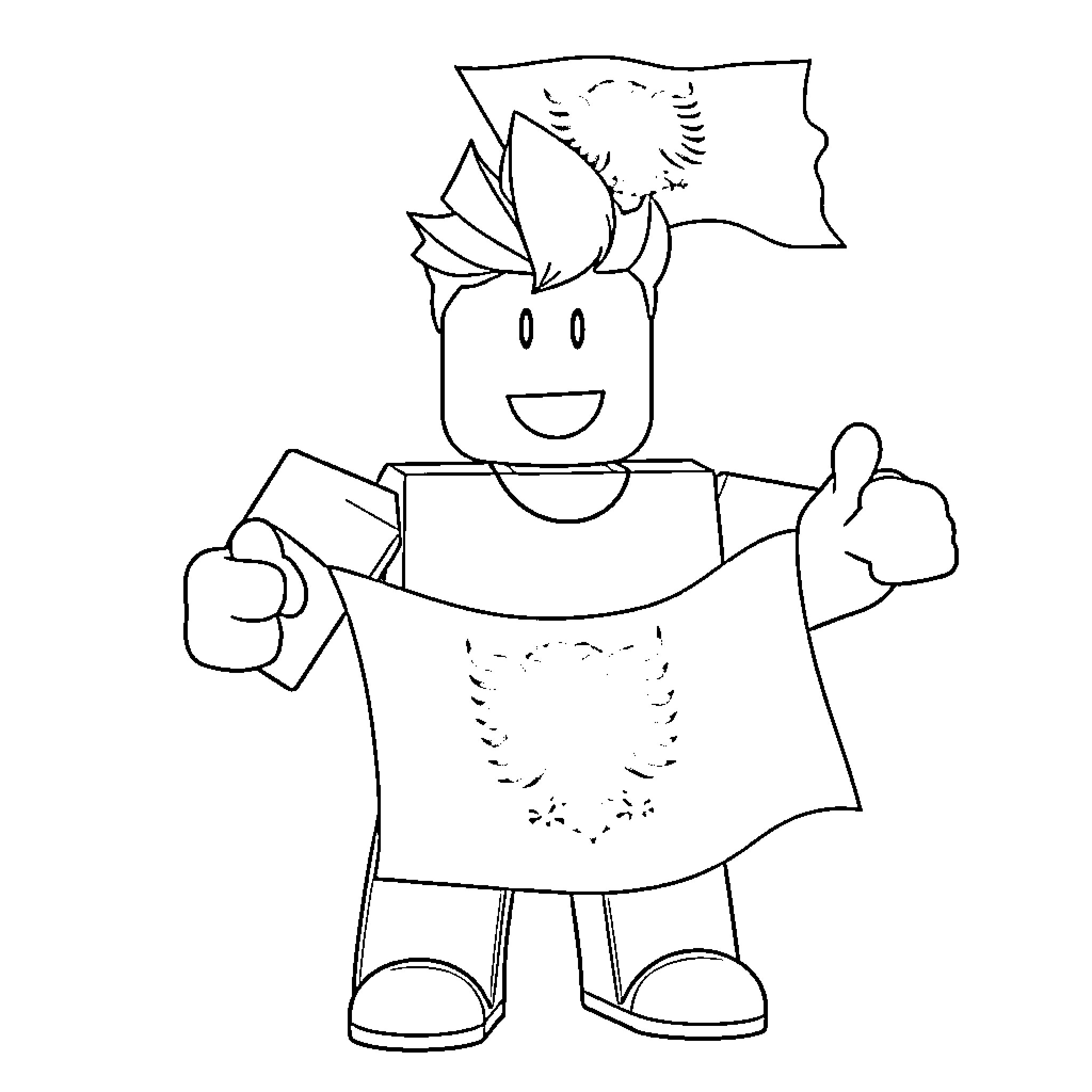 Roblox character waving with flag Coloring Page (free black-and-white line drawing printable PDF for all, from beginners to advanced learners, including children, teens, adults, and seniors)