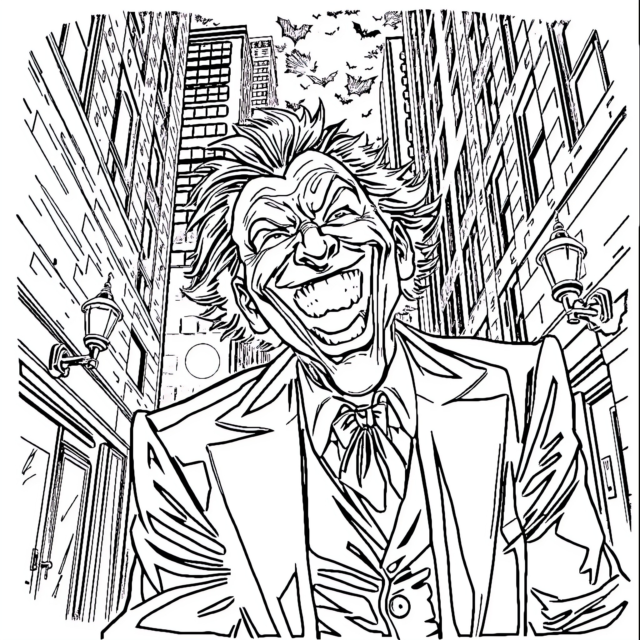 Joker's Menacing Grin in the City Coloring Page (free black-and-white line drawing printable PDF for all, from beginners to advanced learners, including children, teens, adults, and seniors)