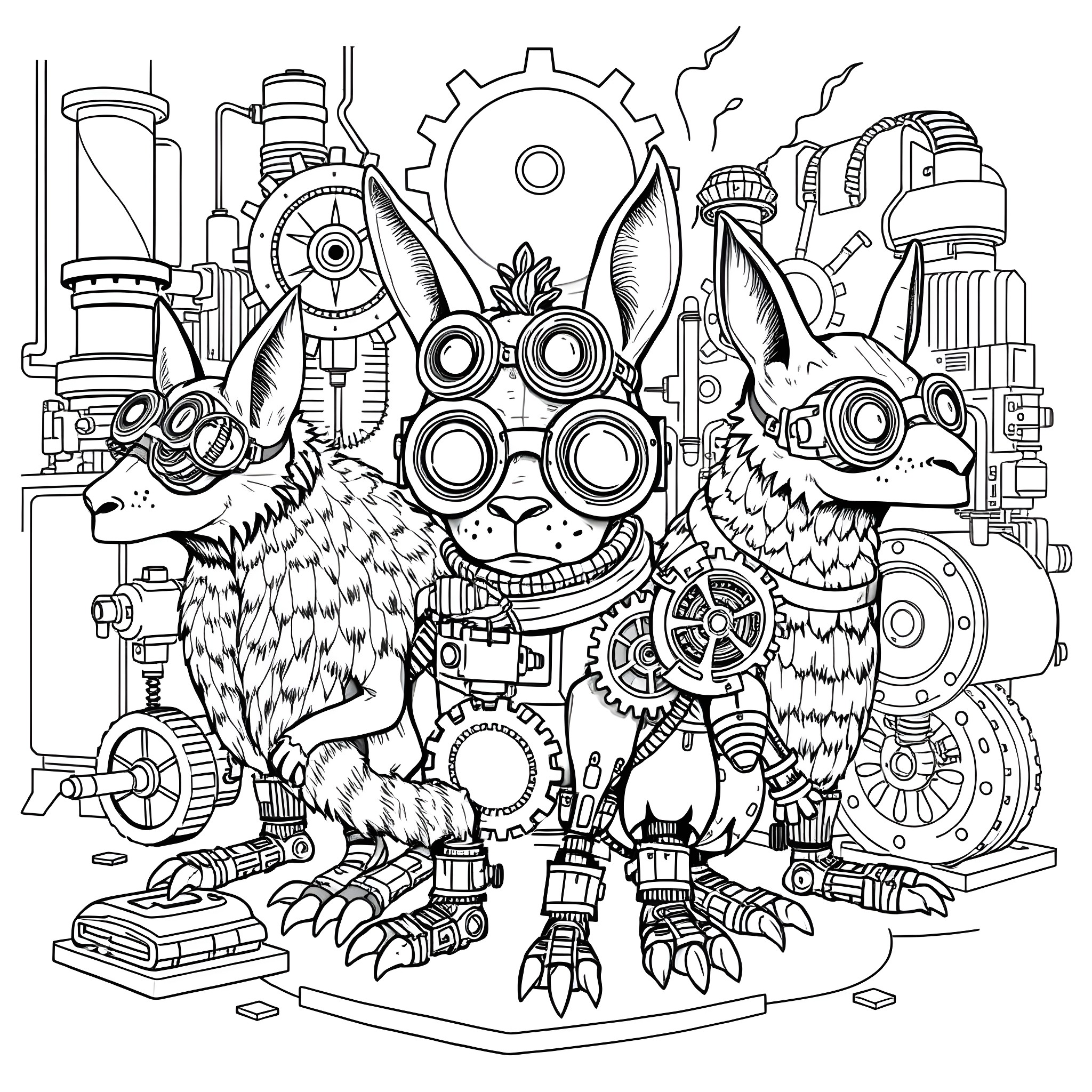 Animal Monsters in Mechanical Wonderland Coloring Page (free black-and-white line drawing printable PDF for all, from beginners to advanced learners, including children, teens, adults, and seniors)