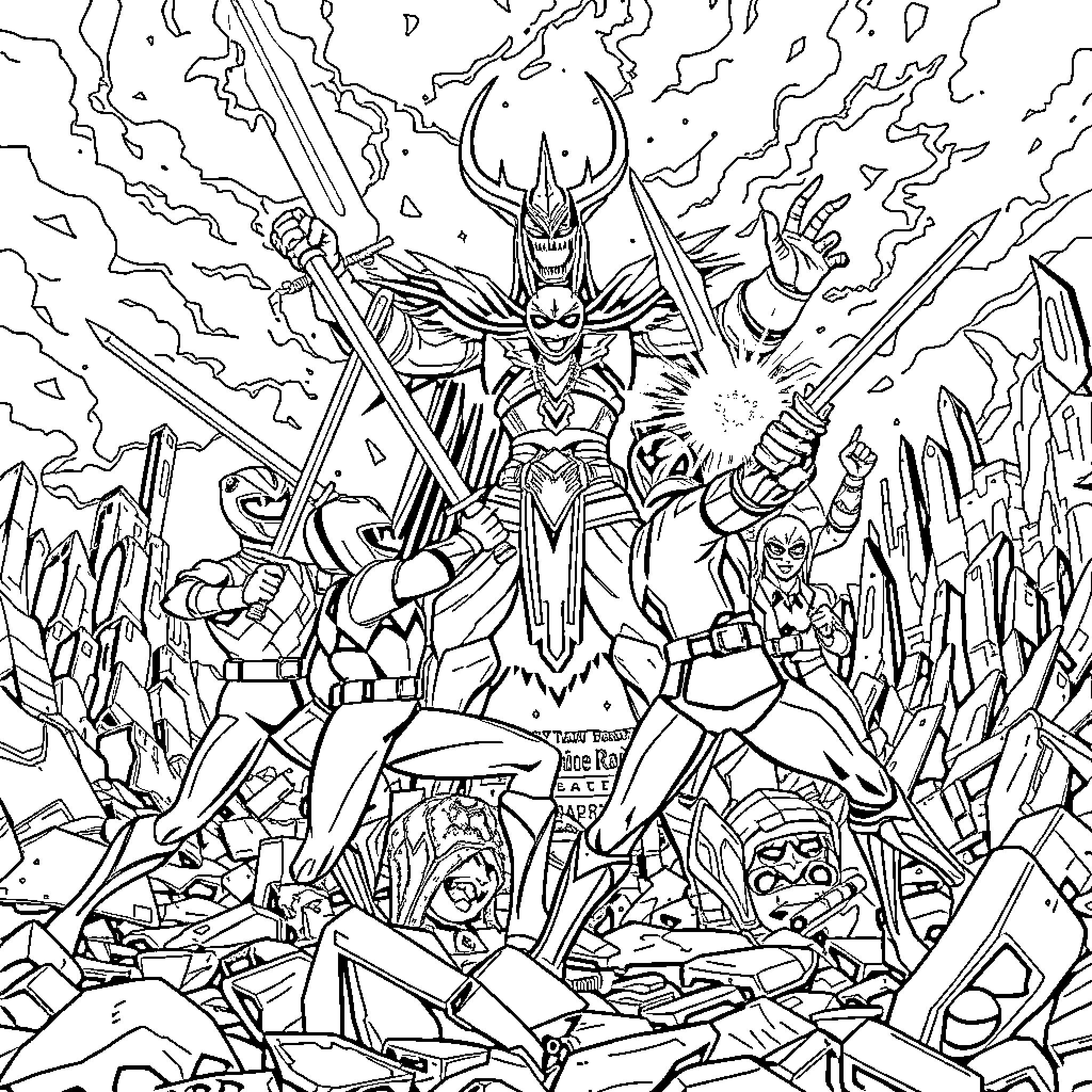 Power Rangers in Intense Battle Scene Coloring Page (free black-and-white line drawing printable PDF for all, from beginners to advanced learners, including children, teens, adults, and seniors)