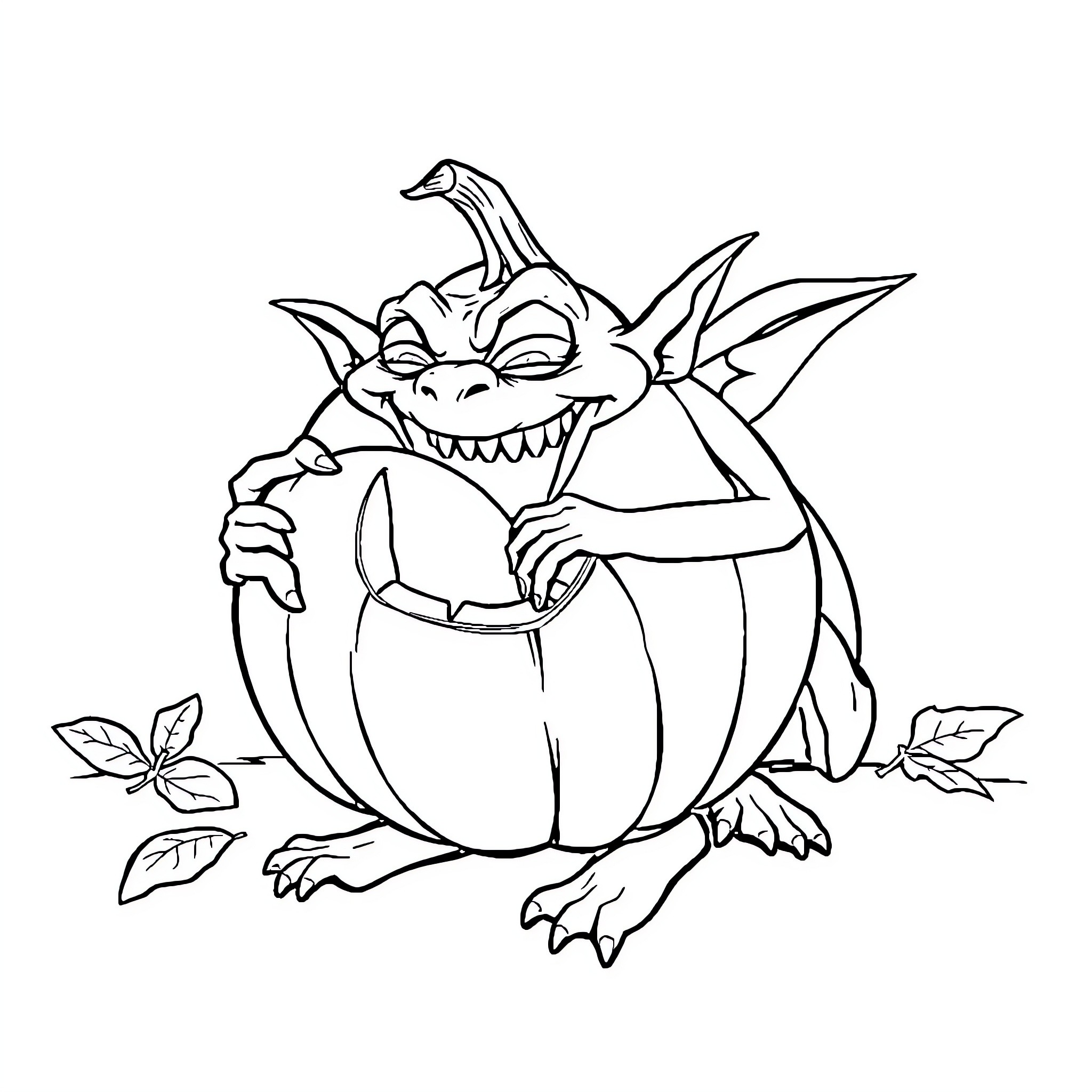 Goblin enjoying a pumpkin Coloring Page (free black-and-white line drawing printable PDF for all, from beginners to advanced learners, including children, teens, adults, and seniors)