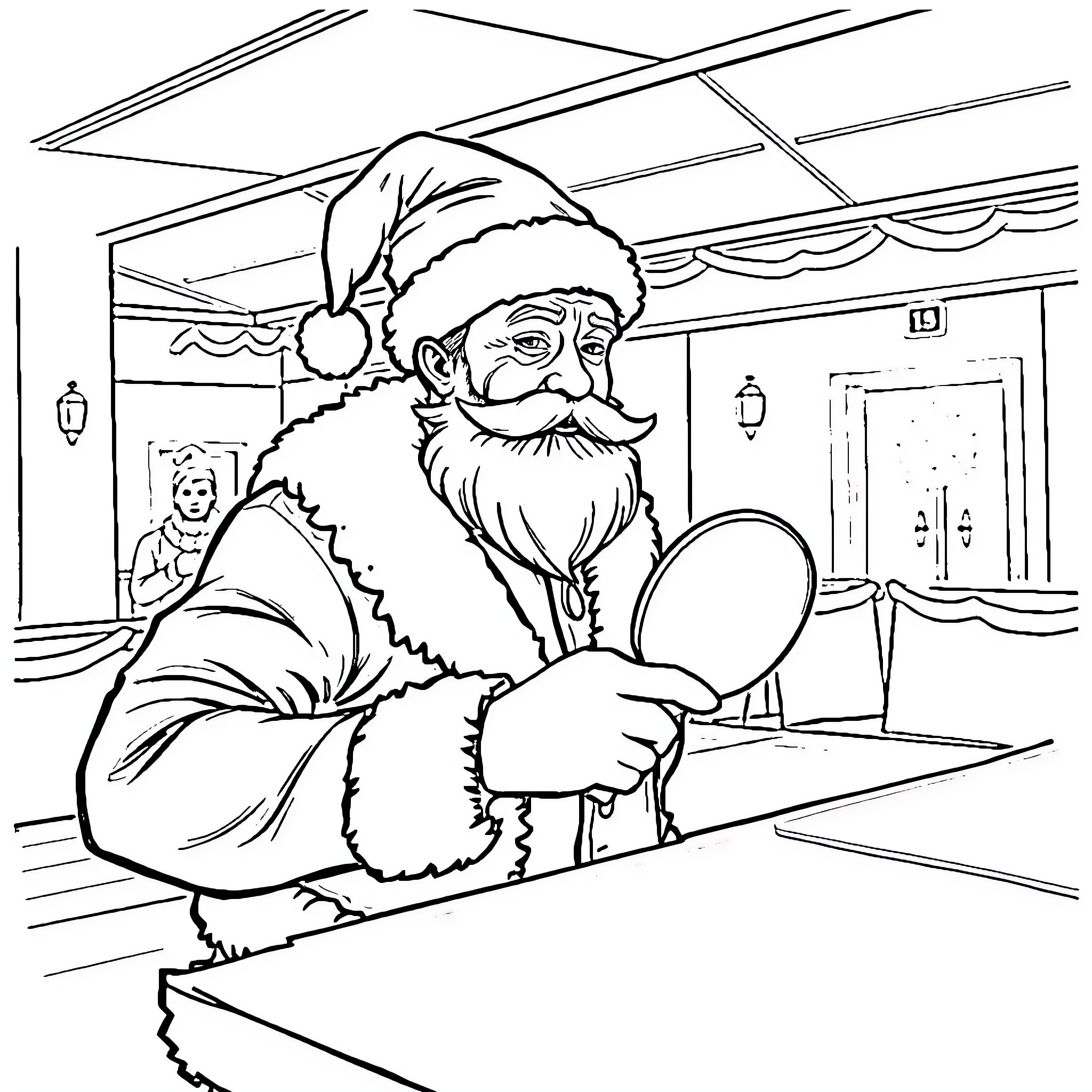 Joueur joyeux Santa dans son atelier Coloring Page (free black-and-white line drawing printable PDF for all, from beginners to advanced learners, including children, teens, adults, and seniors)