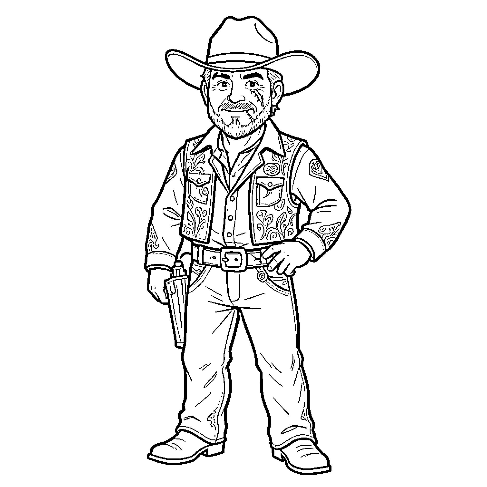 Cowboy standing confidently in patterned western attire Coloring Page (free black-and-white line drawing printable PDF for all, from beginners to advanced learners, including children, teens, adults, and seniors)
