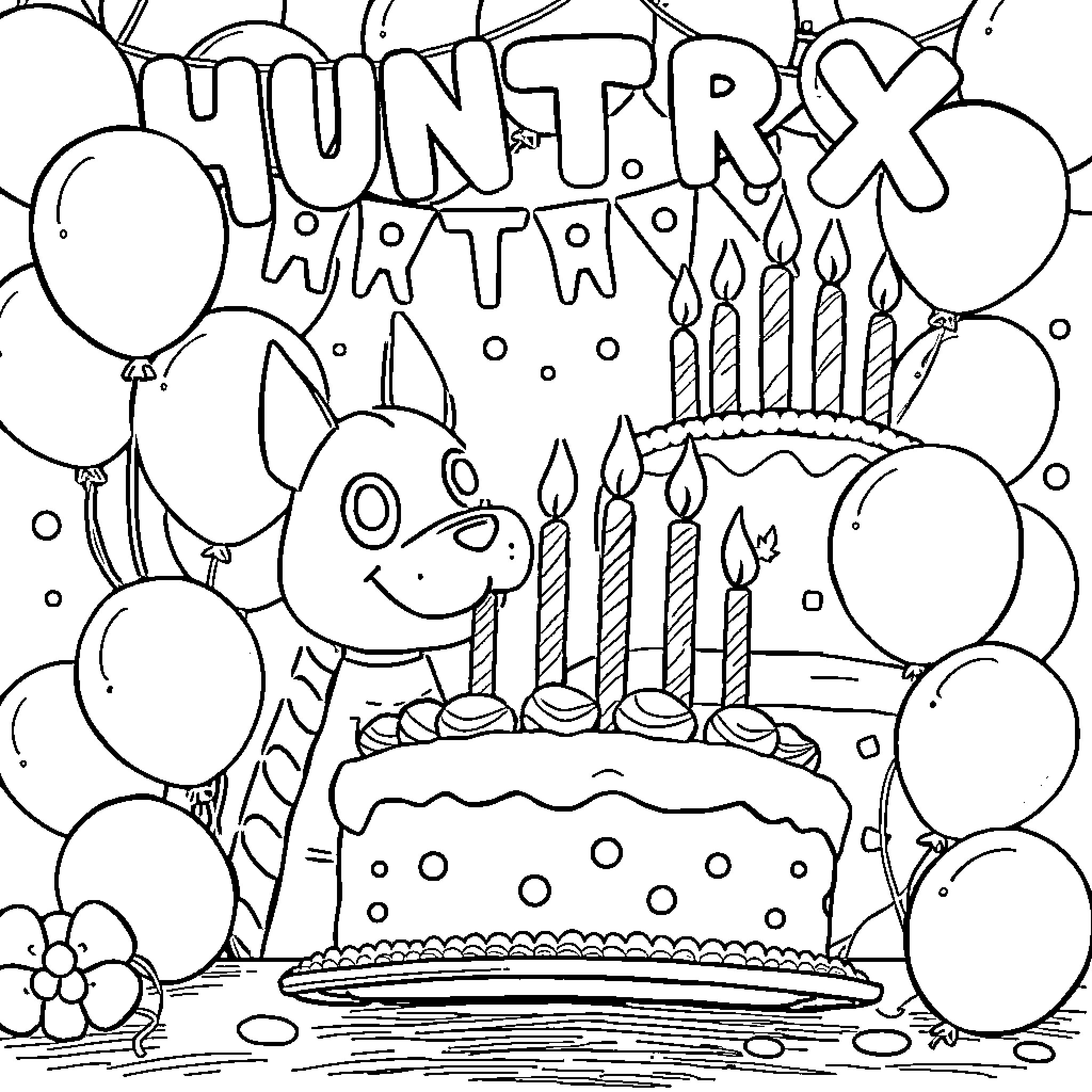HUNTR/X Happy Birthday Celebration Coloring Page (free black-and-white line drawing printable PDF for all, from beginners to advanced learners, including children, teens, adults, and seniors)