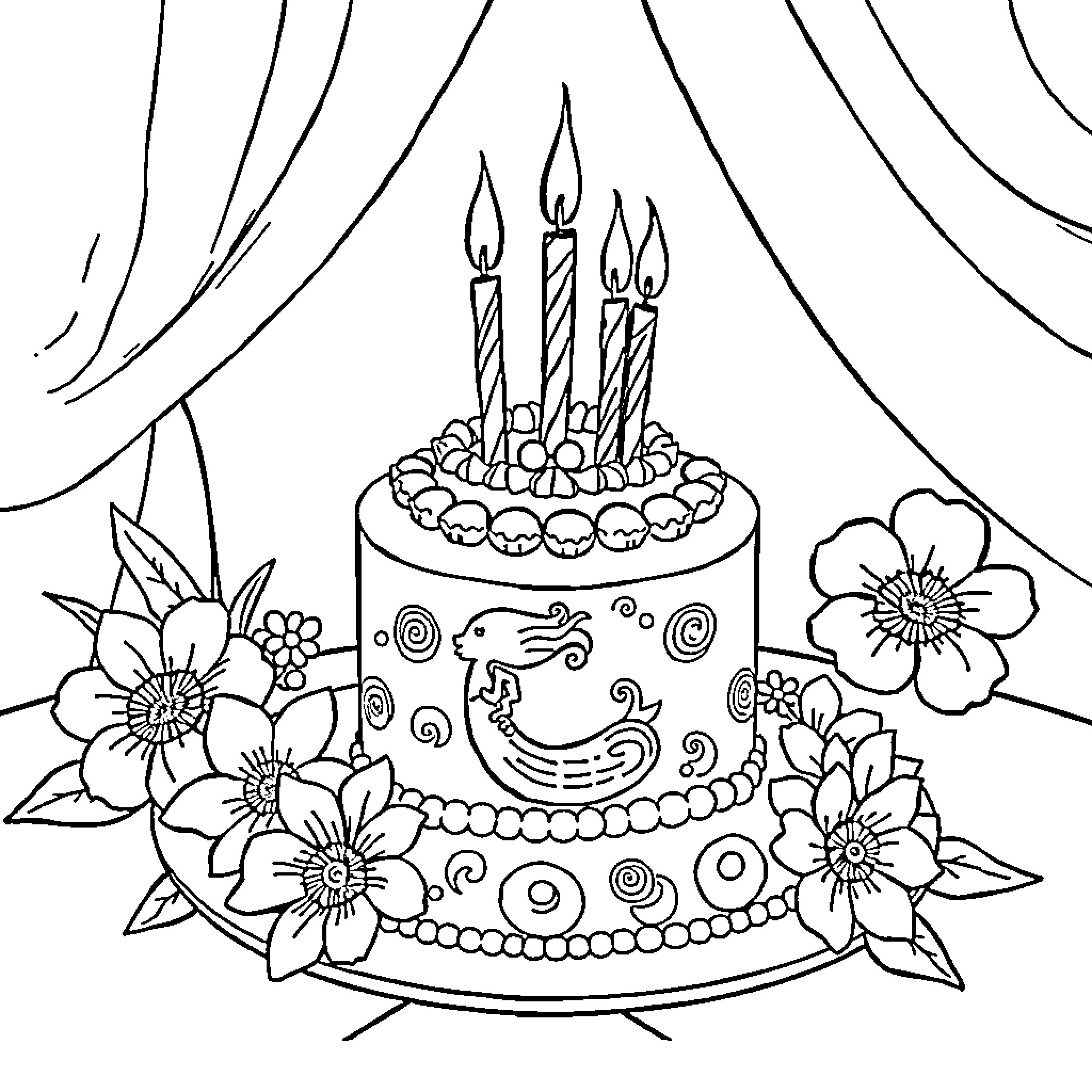 Gâteau with Festive Candles and Floral Decorations Coloring Page (free black-and-white line drawing printable PDF for all, from beginners to advanced learners, including children, teens, adults, and seniors)