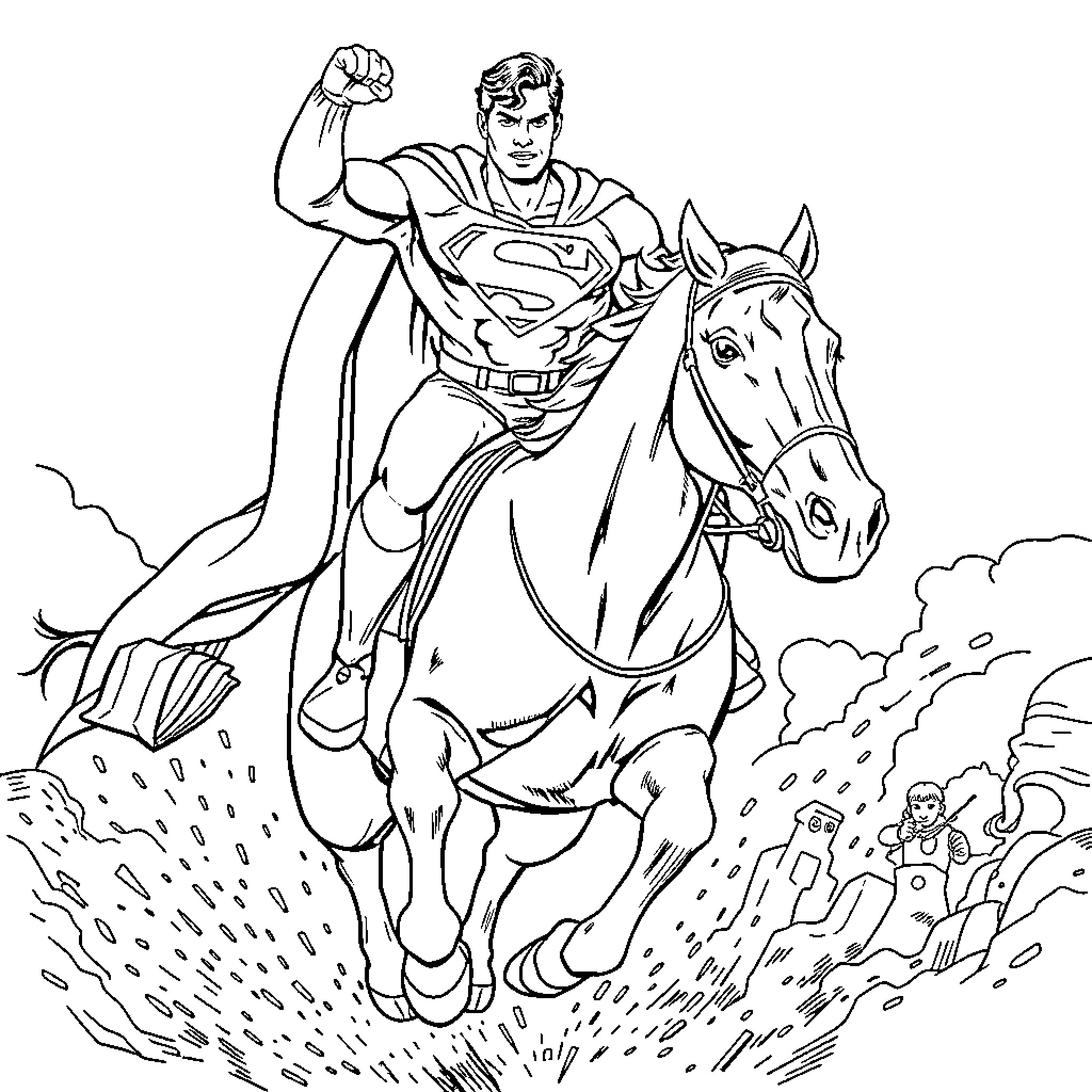 Superman riding a horse and battling villains Coloring Page (free black-and-white line drawing printable PDF for all, from beginners to advanced learners, including children, teens, adults, and seniors)