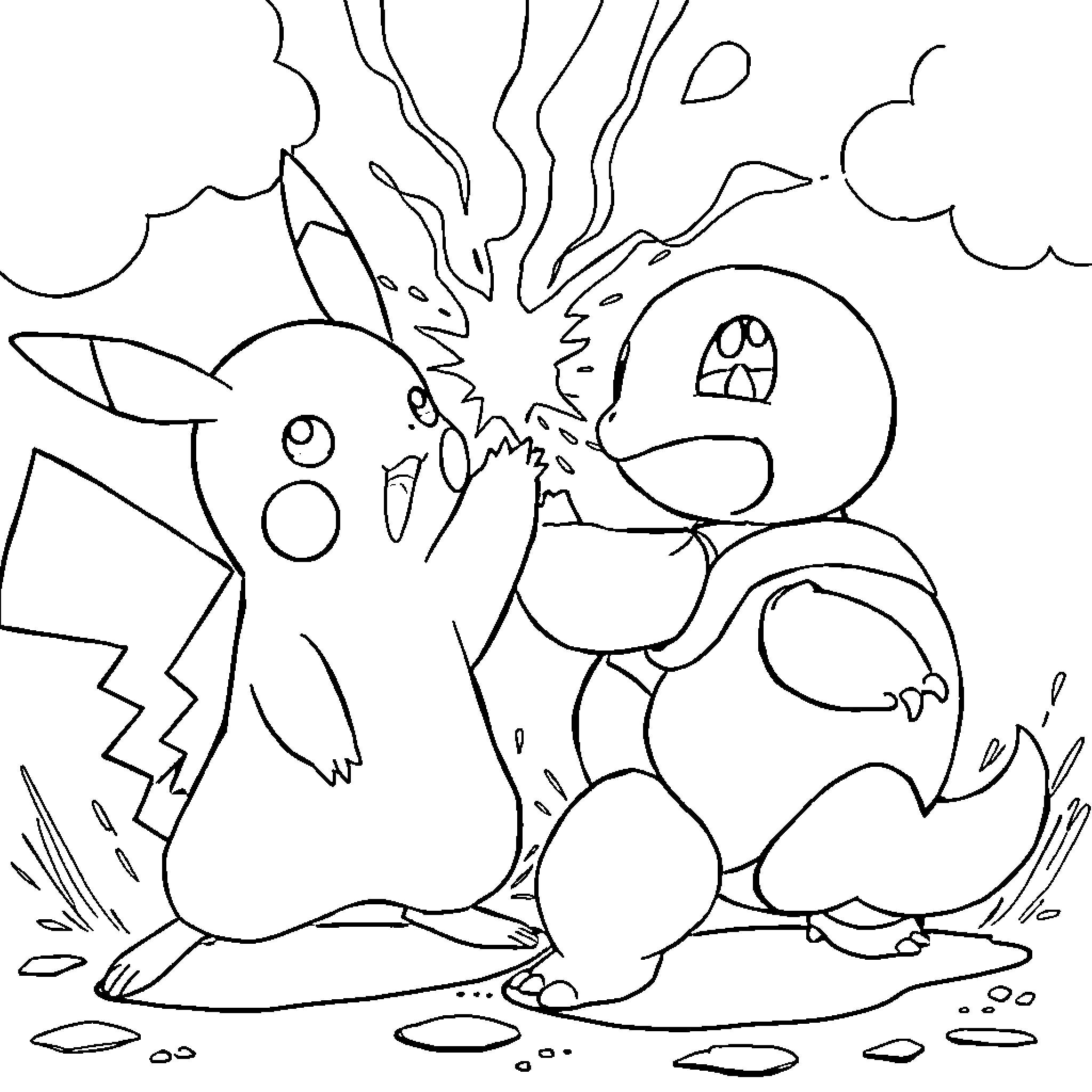 Pikachu and Charmander in a Playful Encounter Coloring Page (free black-and-white line drawing printable PDF for all, from beginners to advanced learners, including children, teens, adults, and seniors)