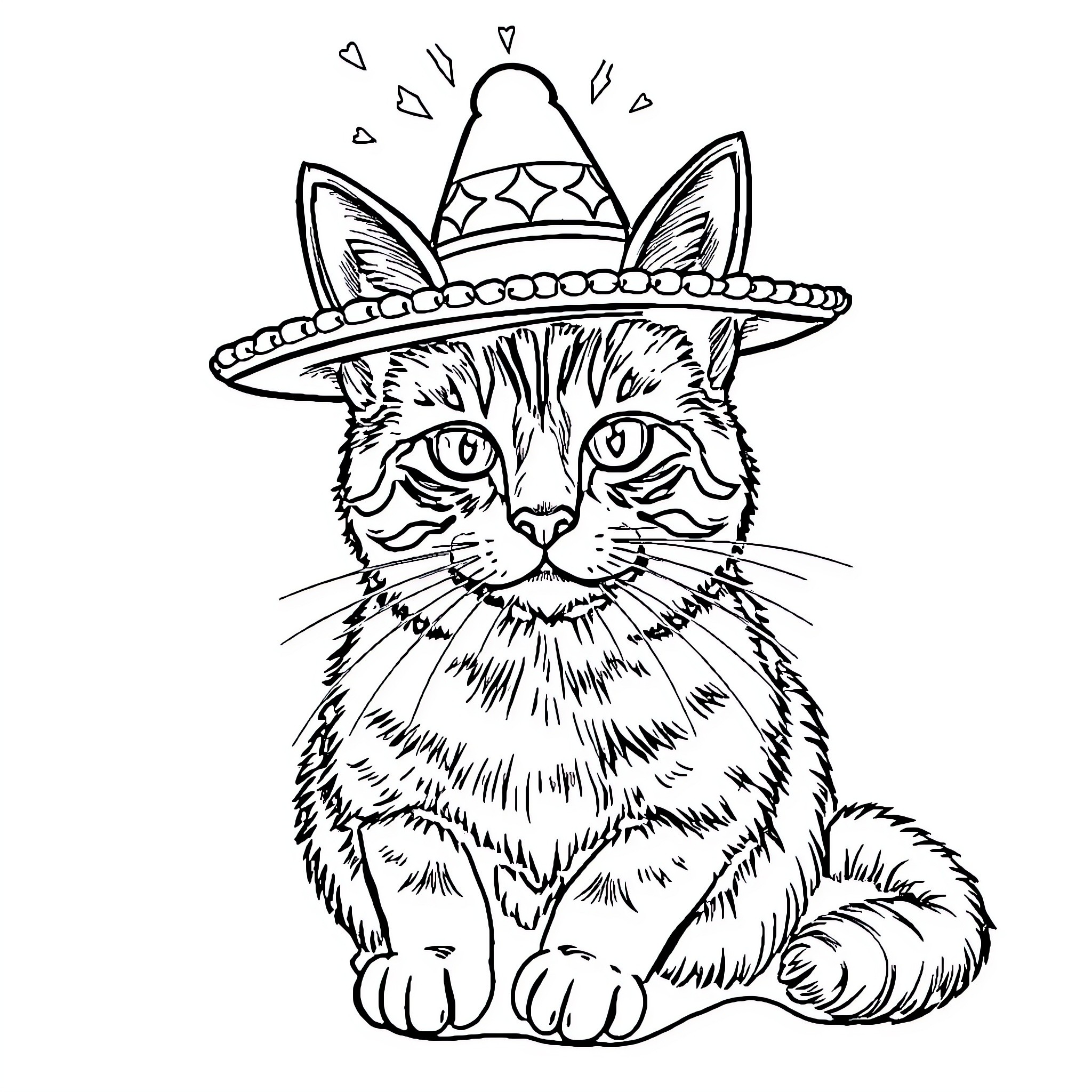 Cacatúa wearing a decorative hat Coloring Page (free black-and-white line drawing printable PDF for all, from beginners to advanced learners, including children, teens, adults, and seniors)