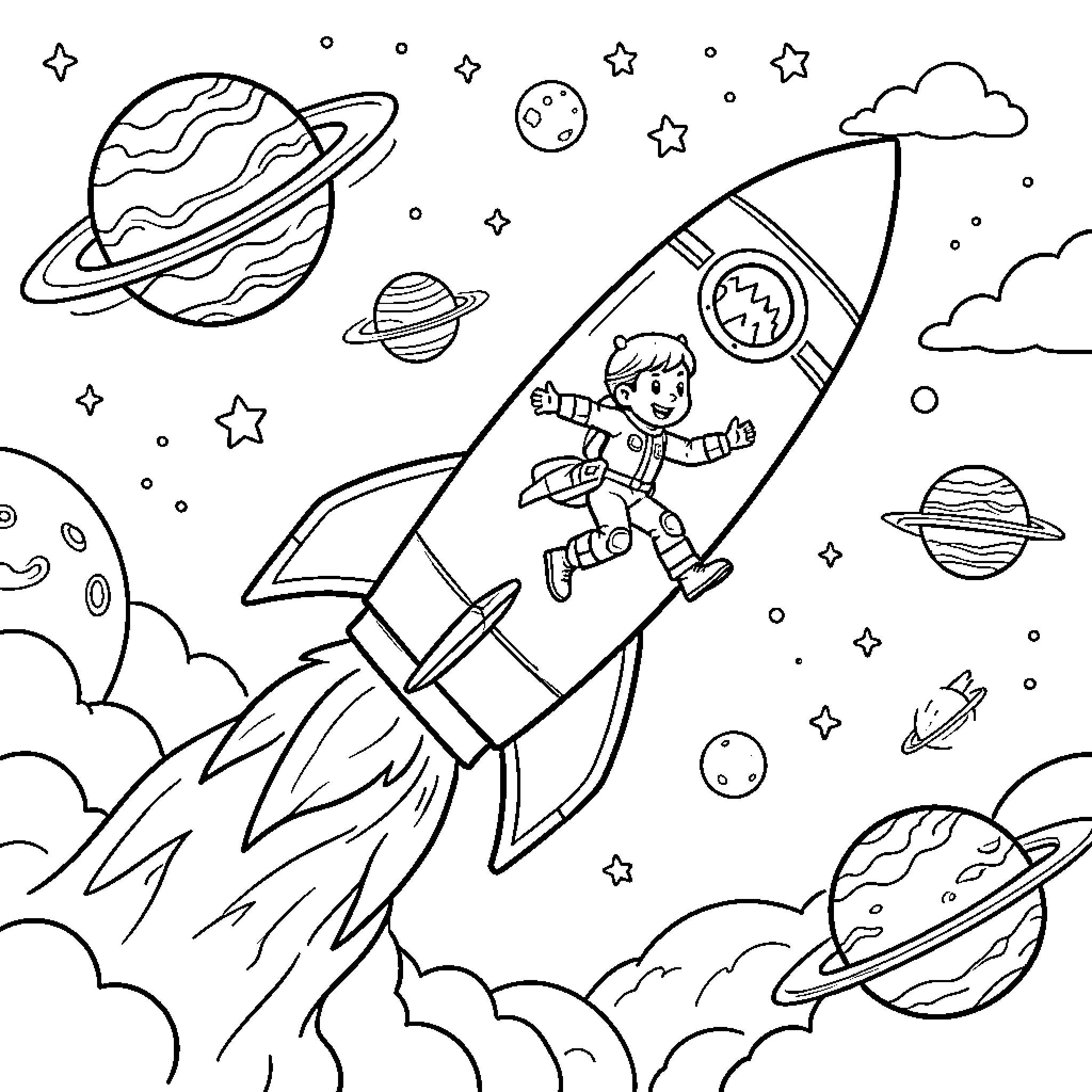 Pat Patrouille astronaut boy flying in a rocket ship Coloring Page (free black-and-white line drawing printable PDF for all, from beginners to advanced learners, including children, teens, adults, and seniors)