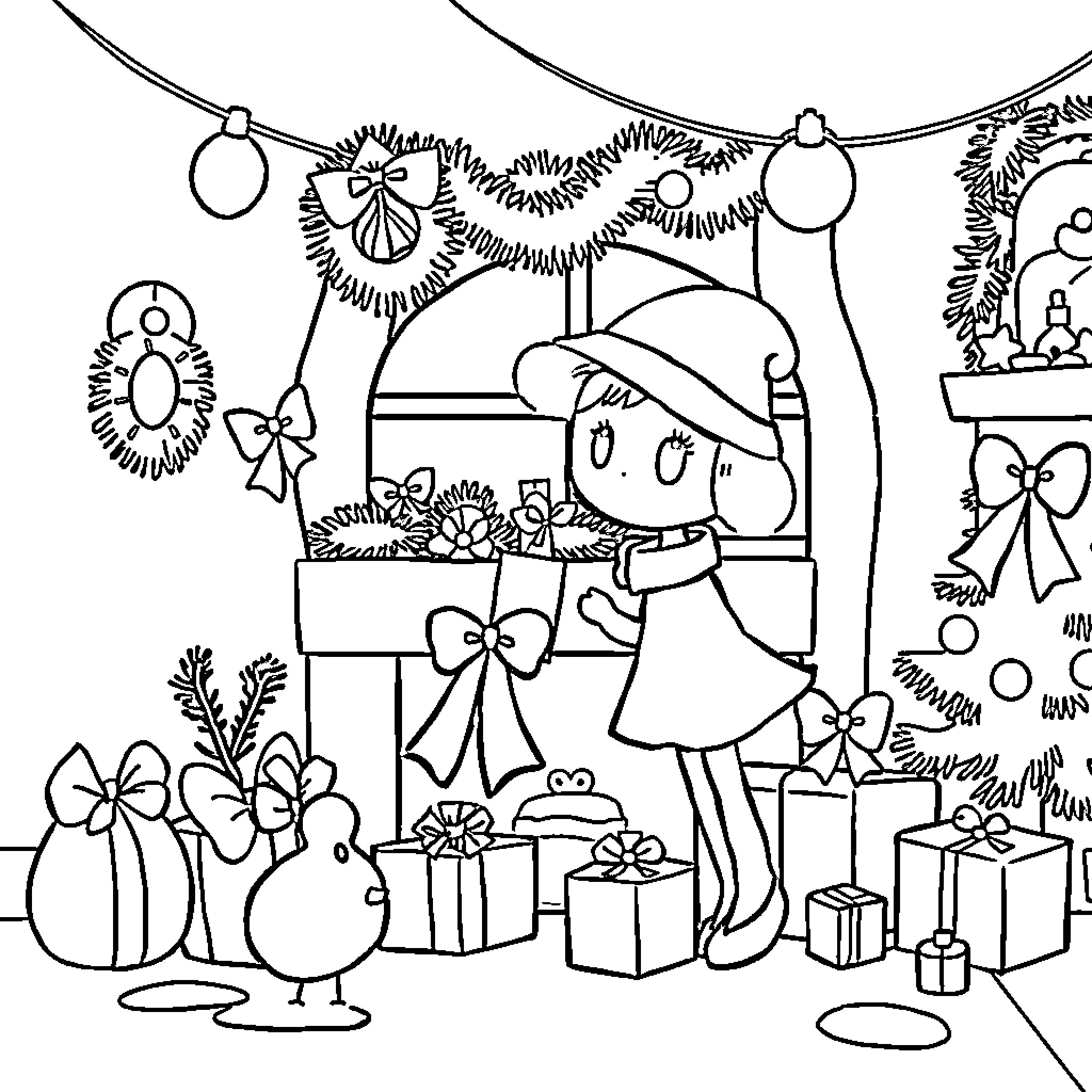 Poppy decorating a festive holiday scene Coloring Page (free black-and-white line drawing printable PDF for all, from beginners to advanced learners, including children, teens, adults, and seniors)