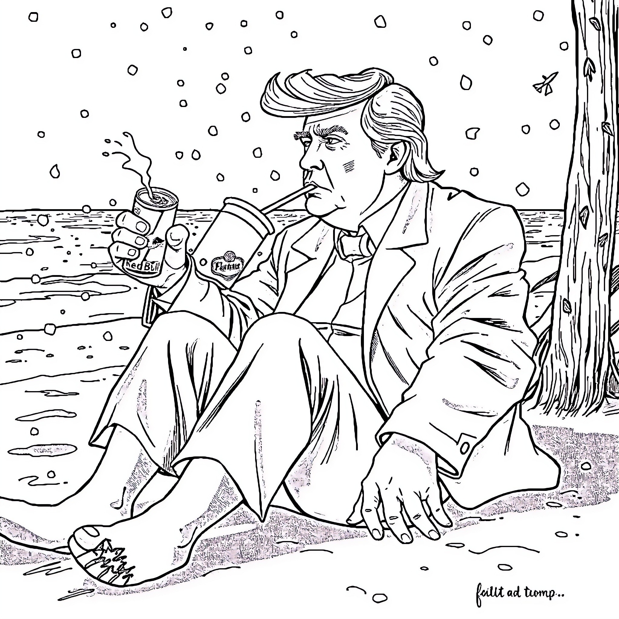 Donald Trump sitting alone in the snow, lost in thought Coloring Page (free black-and-white line drawing printable PDF for all, from beginners to advanced learners, including children, teens, adults, and seniors)