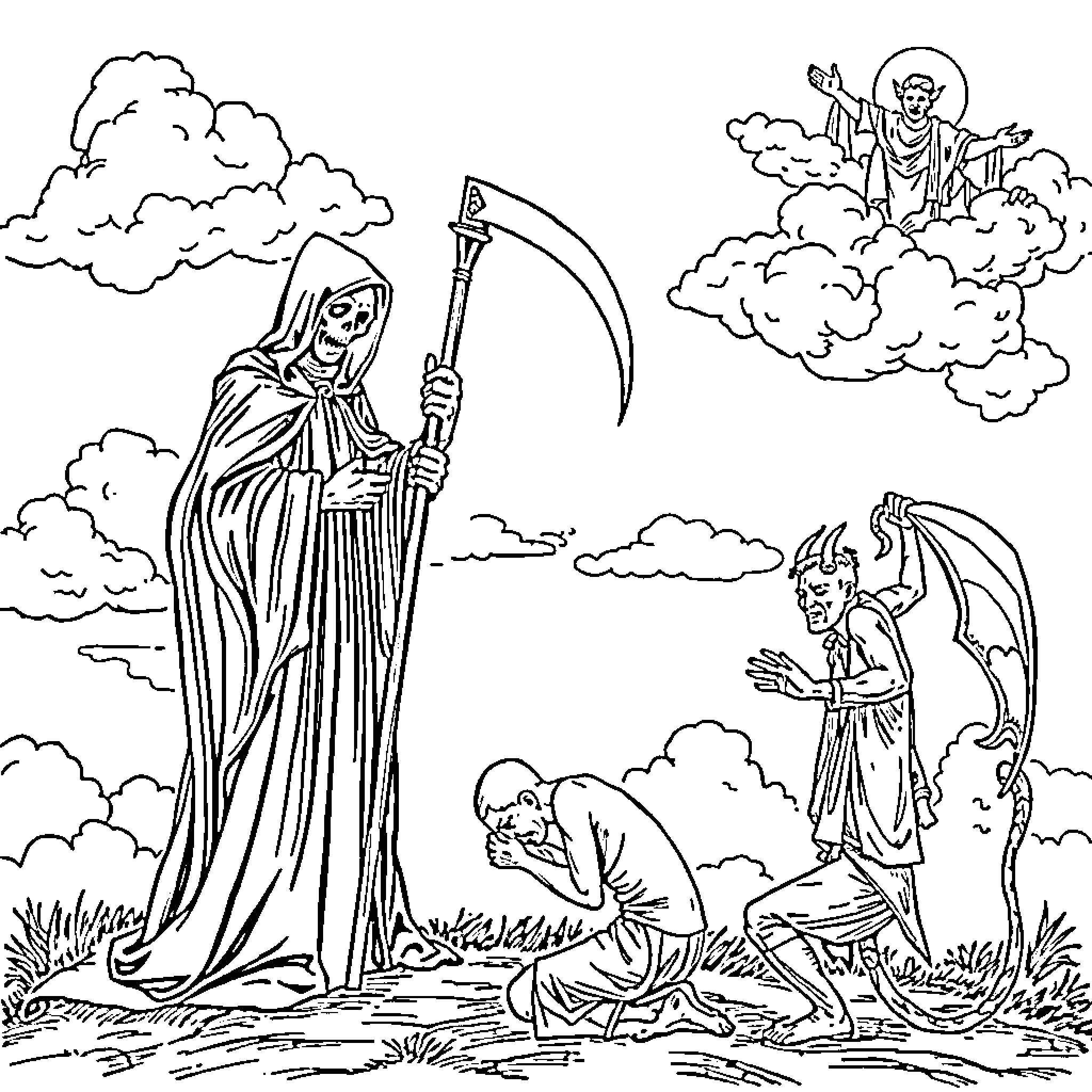 Grim Reaper looming over a man kneeling on the ground, with a demon in the clouds above Coloring Page (free black-and-white line drawing printable PDF for all, from beginners to advanced learners, including children, teens, adults, and seniors)