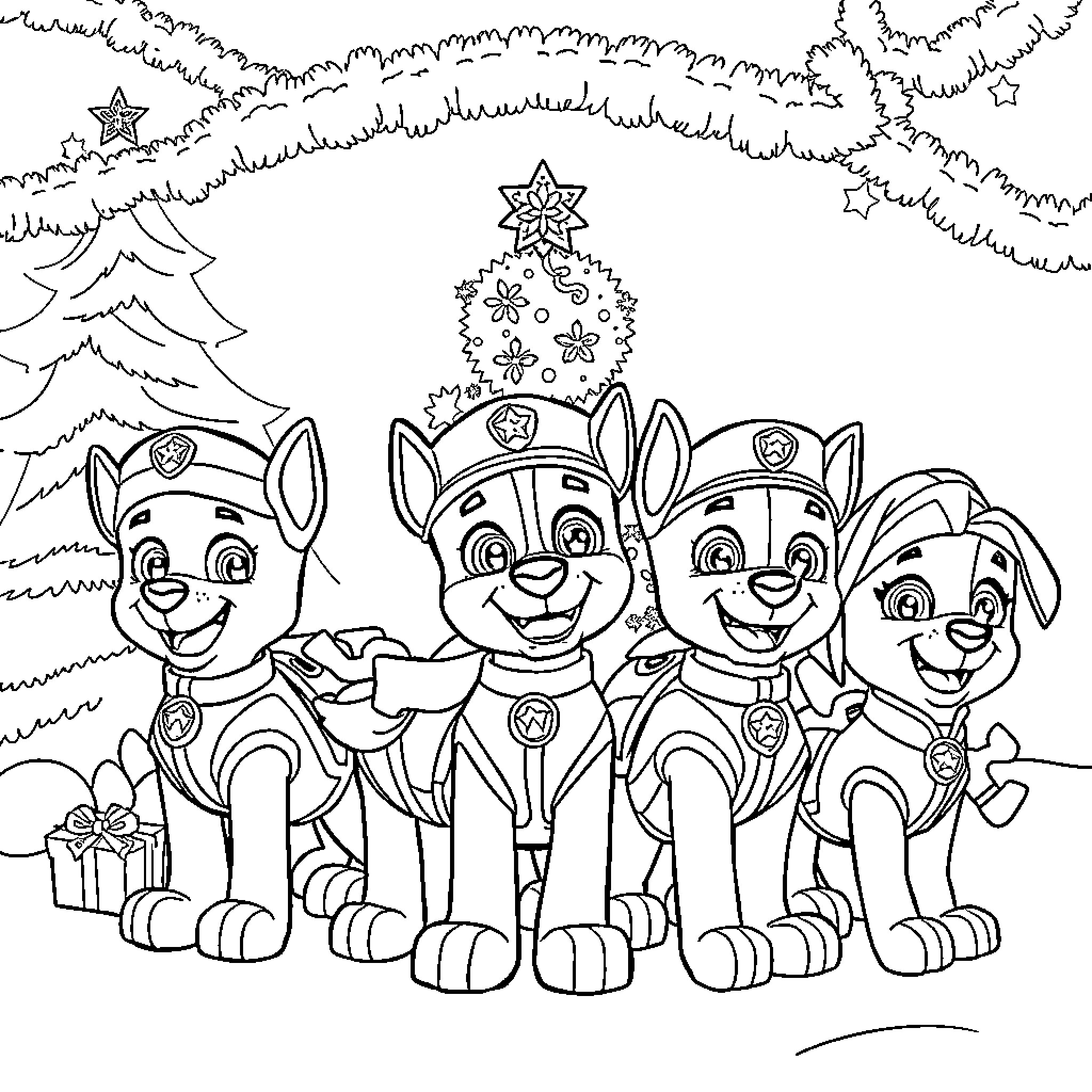 Paw Patrol Celebrate Christmas Together Coloring Page (free black-and-white line drawing printable PDF for all, from beginners to advanced learners, including children, teens, adults, and seniors)
