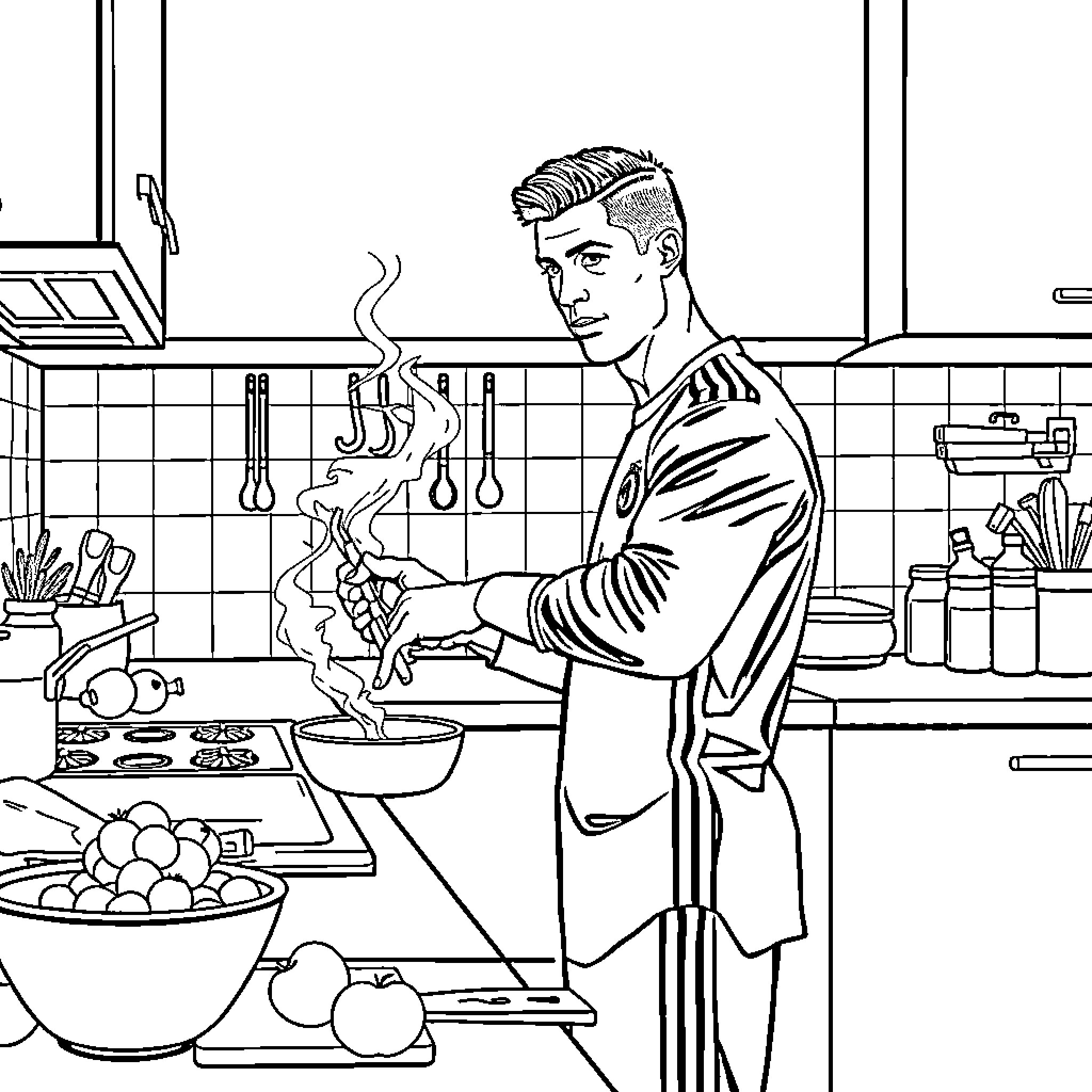 Cristiano Ronaldo cooking a meal in the kitchen Coloring Page (free black-and-white line drawing printable PDF for all, from beginners to advanced learners, including children, teens, adults, and seniors)
