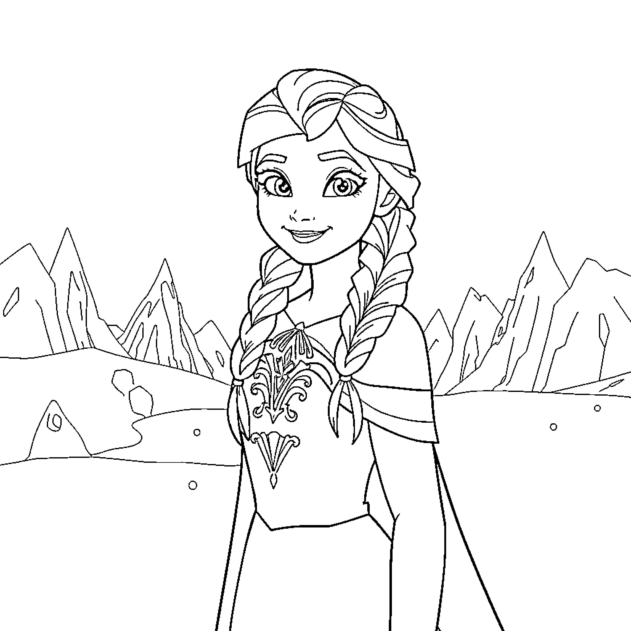 Anna's Adventure in the Snowy Landscape Coloring Page (free black-and-white line drawing printable PDF for all, from beginners to advanced learners, including children, teens, adults, and seniors)