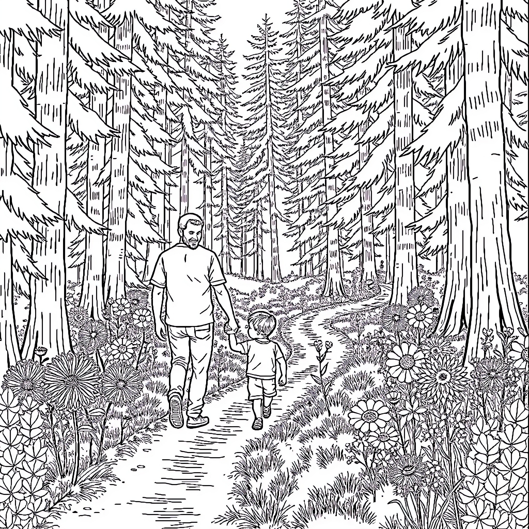 Dad and child exploring the forest trail Coloring Page (free black-and-white line drawing printable PDF for all, from beginners to advanced learners, including children, teens, adults, and seniors)