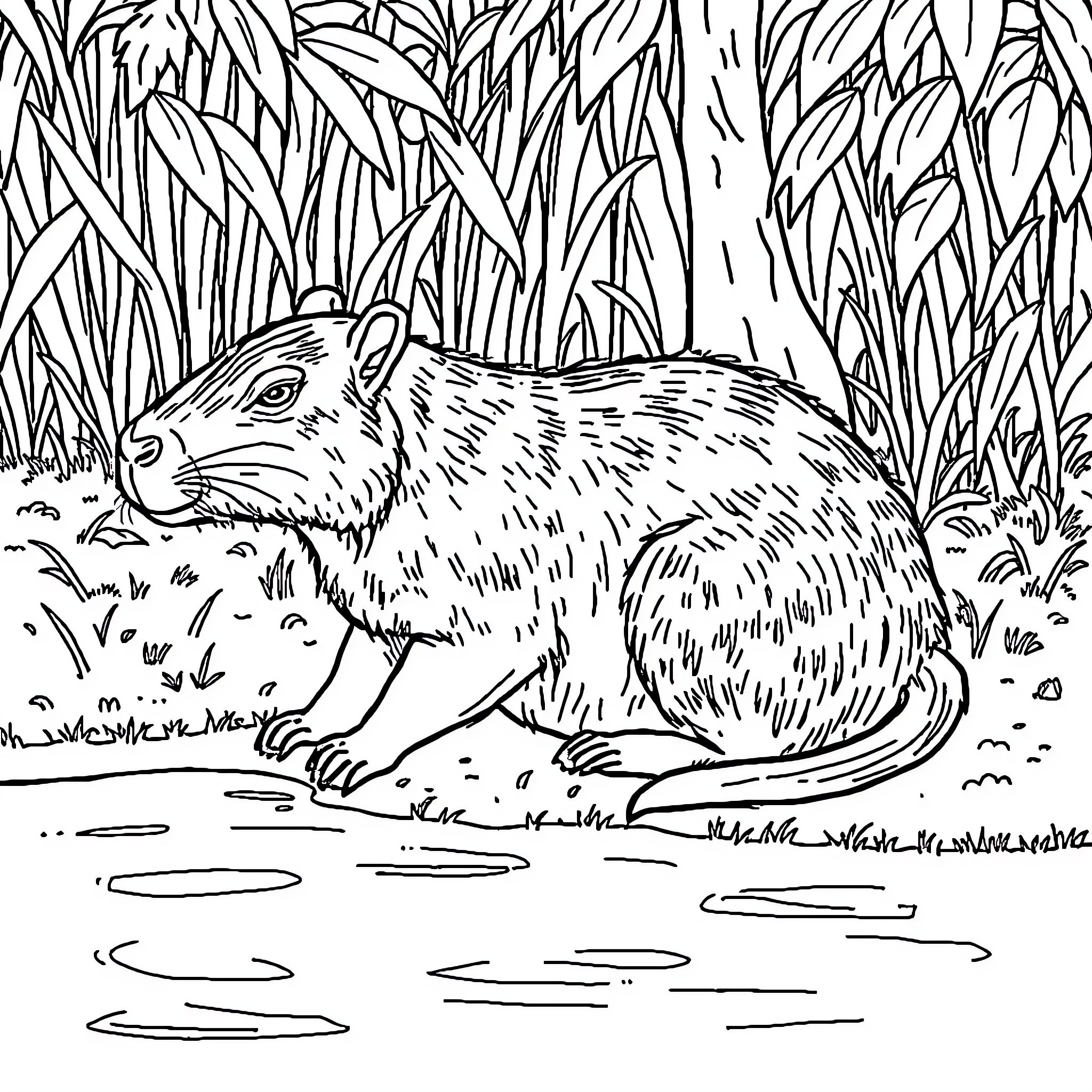 Capybara relaxing in the wild Coloring Page (free black-and-white line drawing printable PDF for all, from beginners to advanced learners, including children, teens, adults, and seniors)
