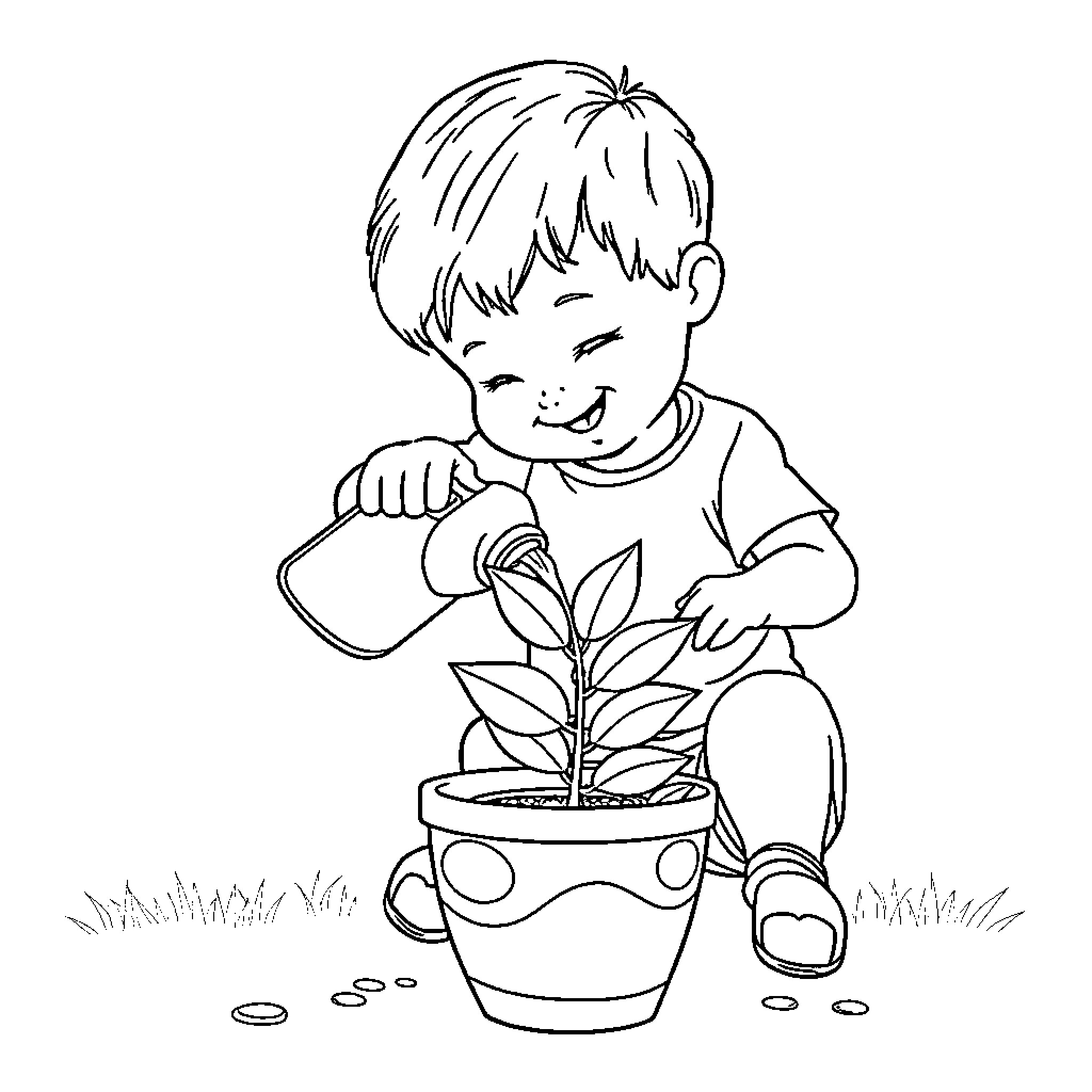 Kid playing happily with plant in pot Coloring Page (free black-and-white line drawing printable PDF for all, from beginners to advanced learners, including children, teens, adults, and seniors)