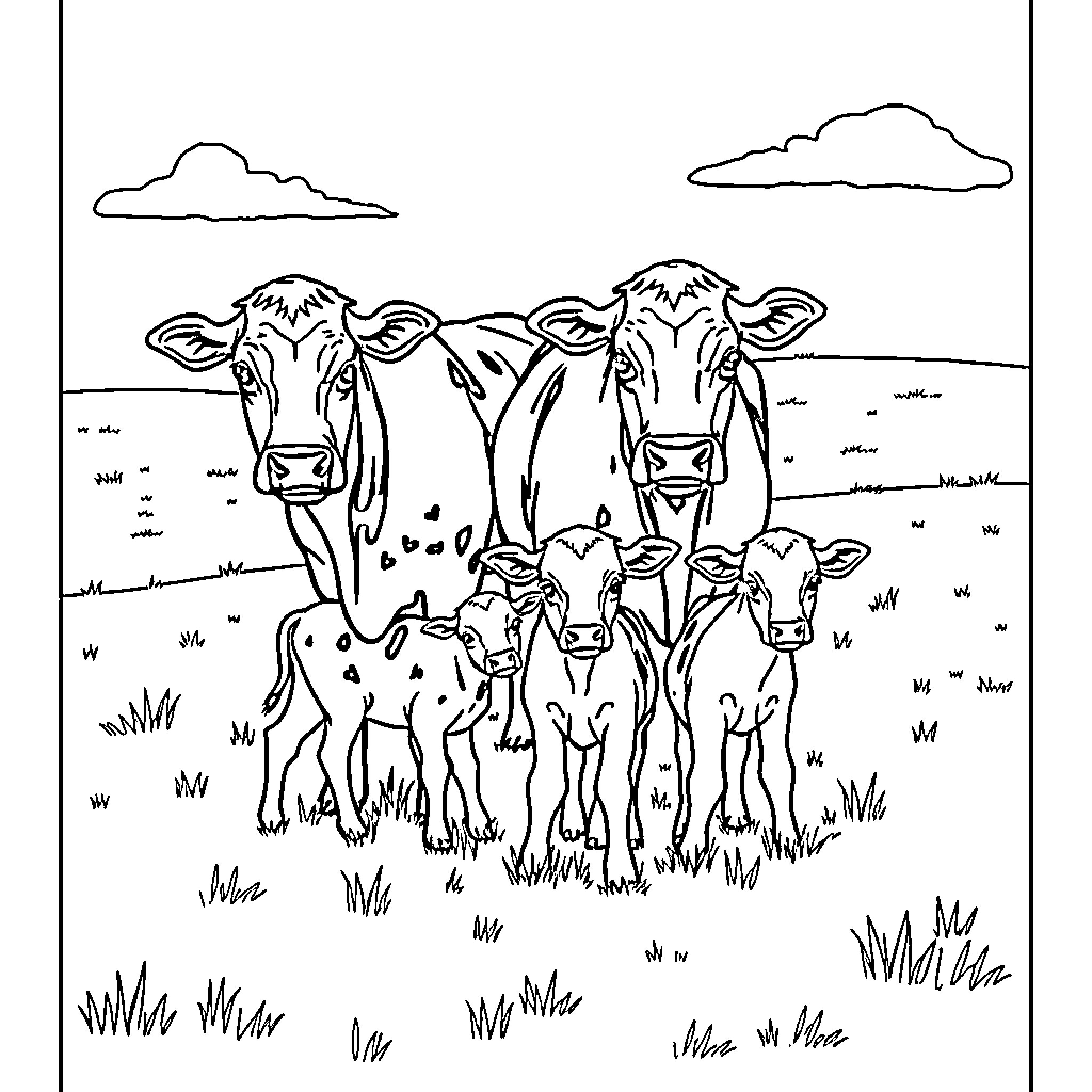 Cow family grazing in pastoral field Coloring Page (free black-and-white line drawing printable PDF for all, from beginners to advanced learners, including children, teens, adults, and seniors)