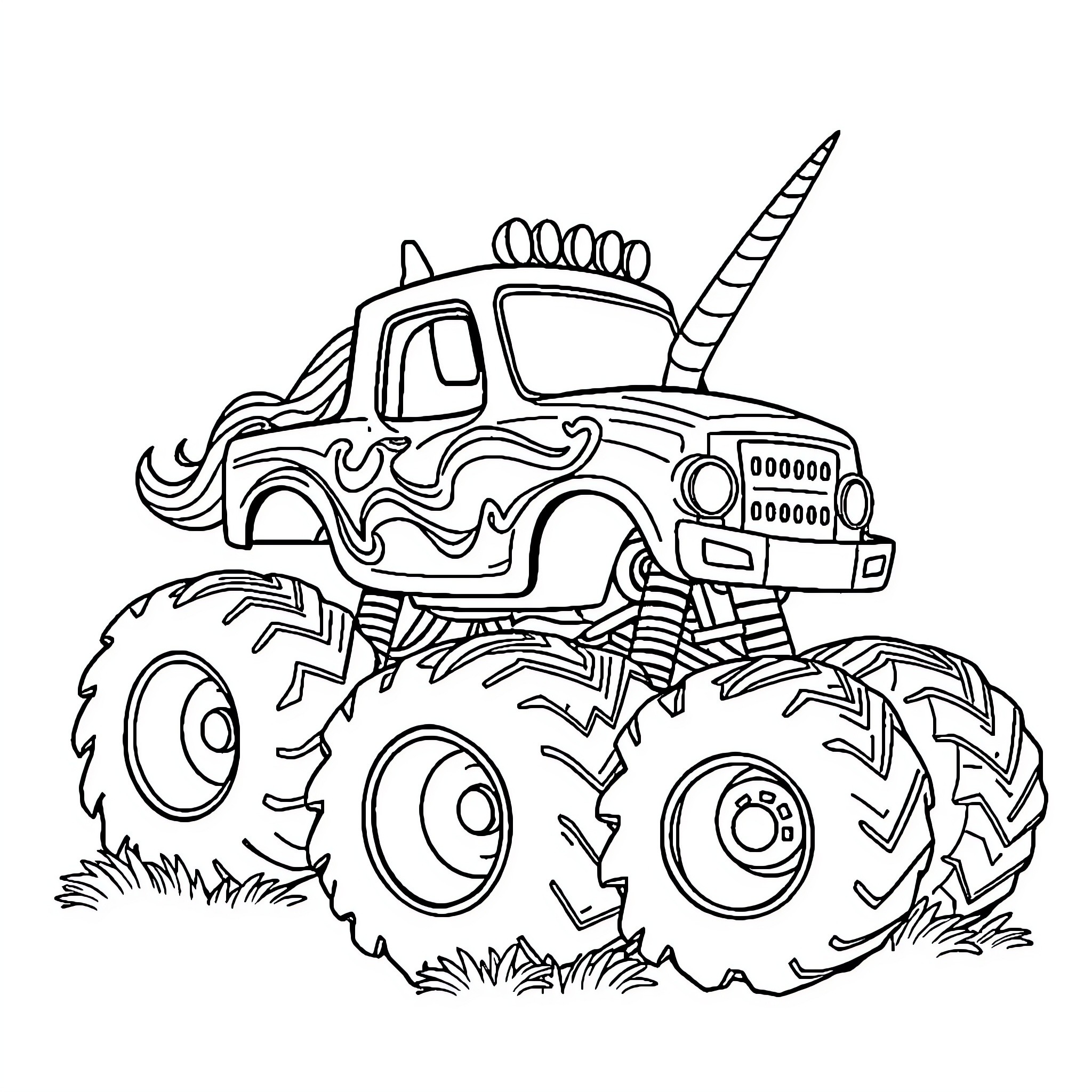 Unicorn Monster Truck Off-Road Adventure Coloring Page (free black-and-white line drawing printable PDF for all, from beginners to advanced learners, including children, teens, adults, and seniors)