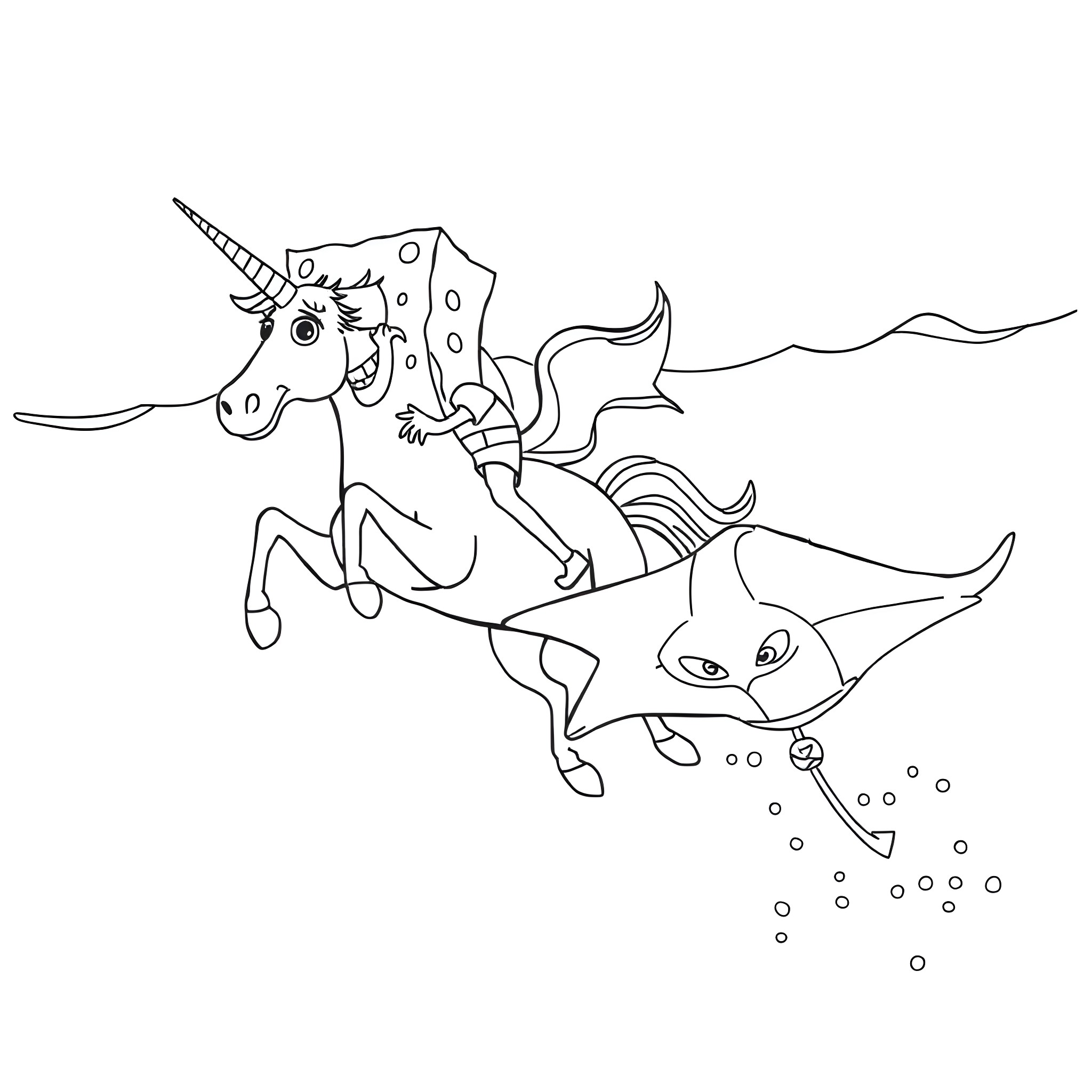 Spongebob and Friends on Underwater Adventure Coloring Page (free black-and-white line drawing printable PDF for all, from beginners to advanced learners, including children, teens, adults, and seniors)