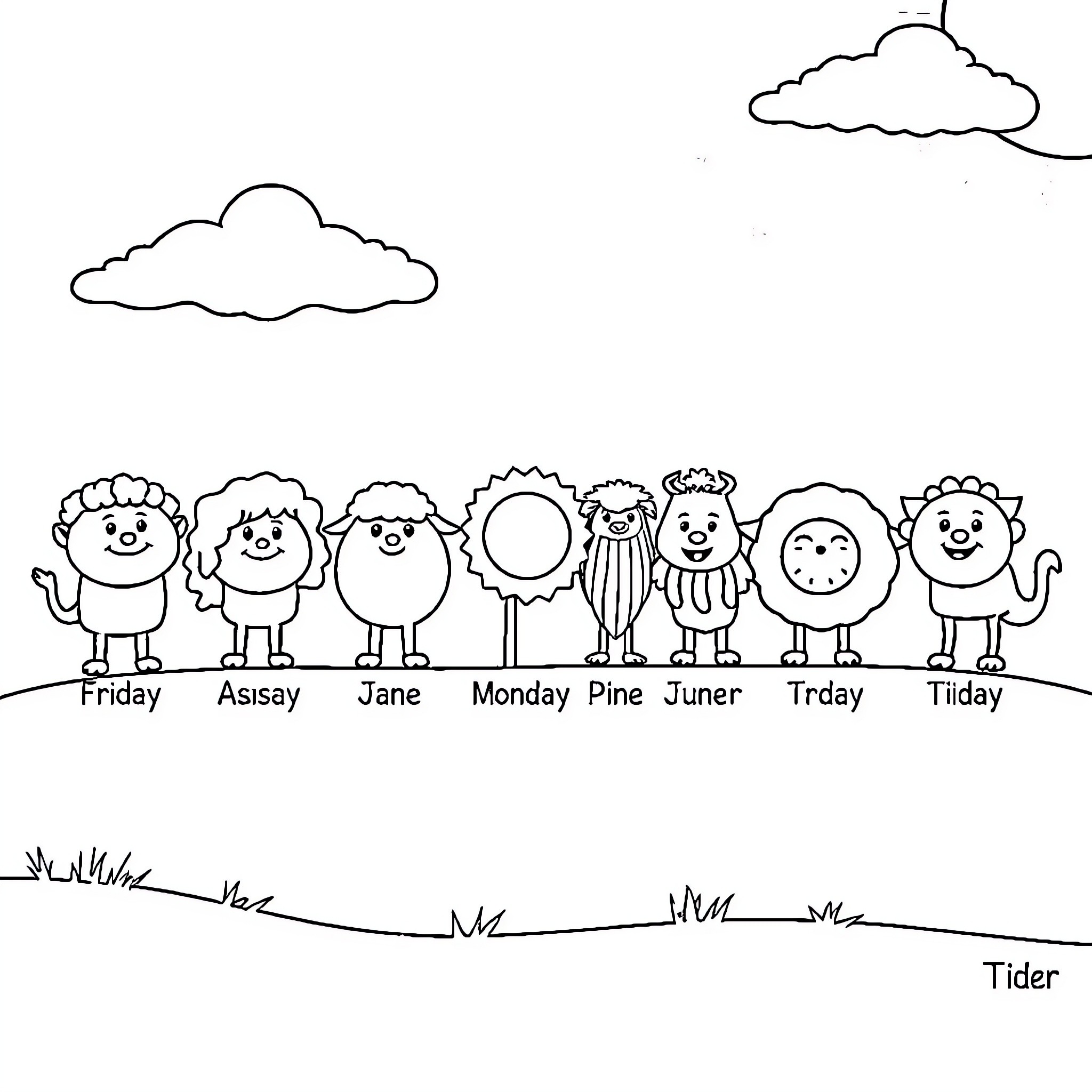 Day of the Week Fun with Cartoon Characters Coloring Page (free black-and-white line drawing printable PDF for all, from beginners to advanced learners, including children, teens, adults, and seniors)