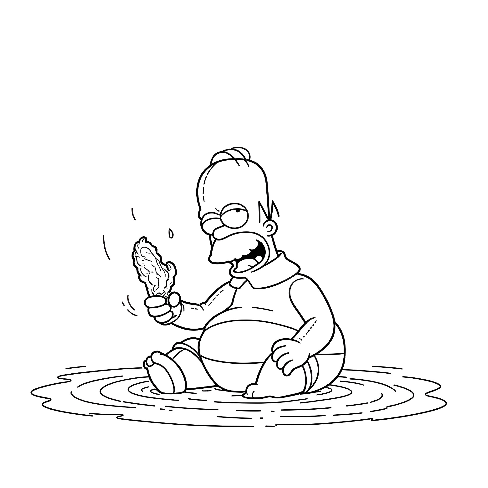 Homer Simpson relaxing in a puddle with a donut Coloring Page (free black-and-white line drawing printable PDF for all, from beginners to advanced learners, including children, teens, adults, and seniors)