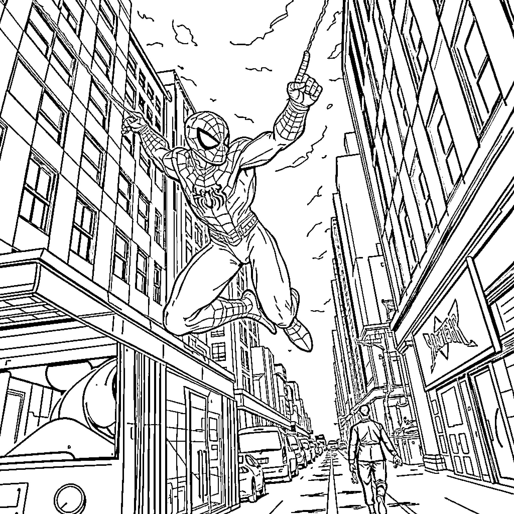 Spider-Man swinging through the city streets Coloring Page (free black-and-white line drawing printable PDF for all, from beginners to advanced learners, including children, teens, adults, and seniors)