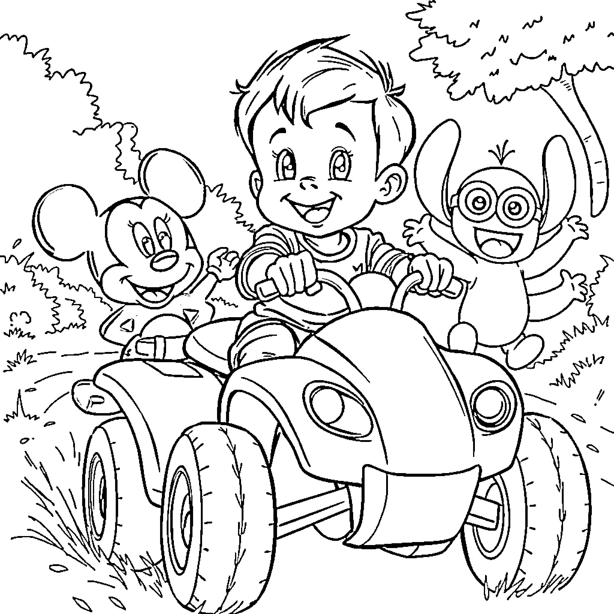 Niño driving vehicle with playful companions Coloring Page (free black-and-white line drawing printable PDF for all, from beginners to advanced learners, including children, teens, adults, and seniors)