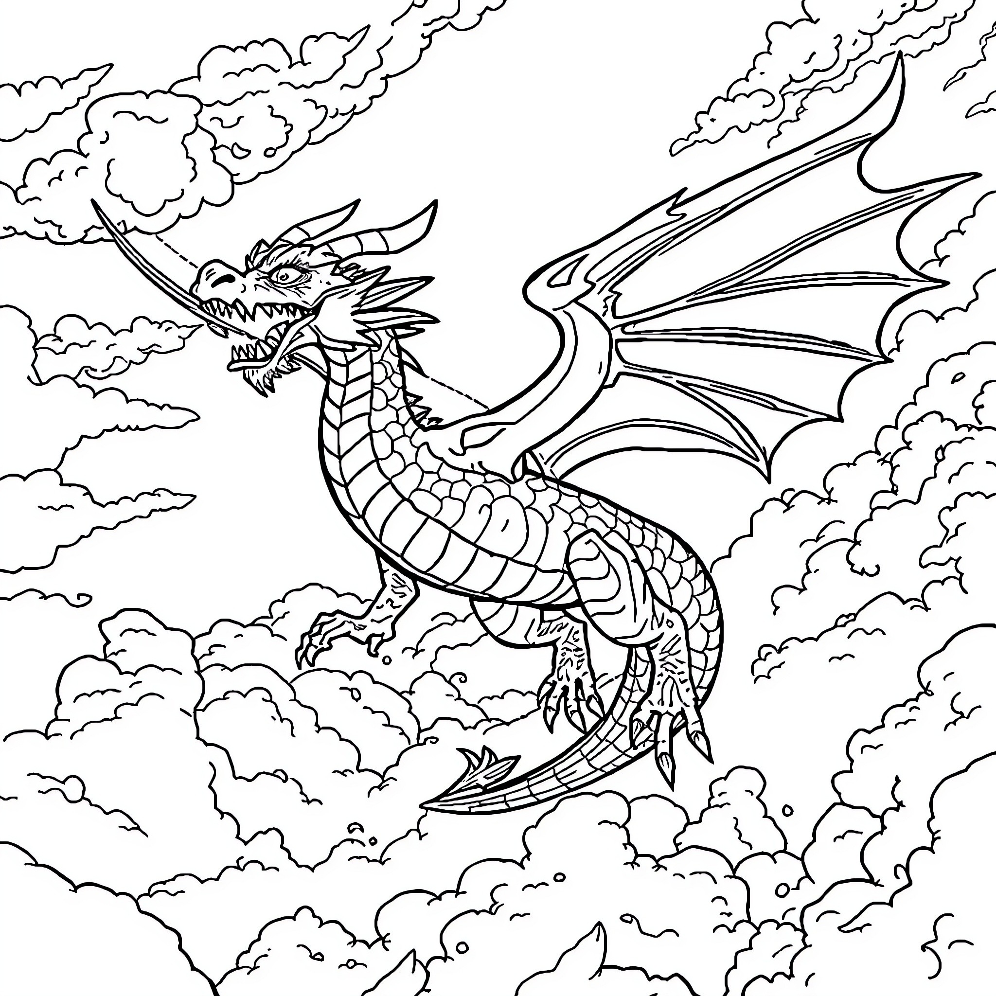 Dragon soaring through cloudy skies Coloring Page (free black-and-white line drawing printable PDF for all, from beginners to advanced learners, including children, teens, adults, and seniors)