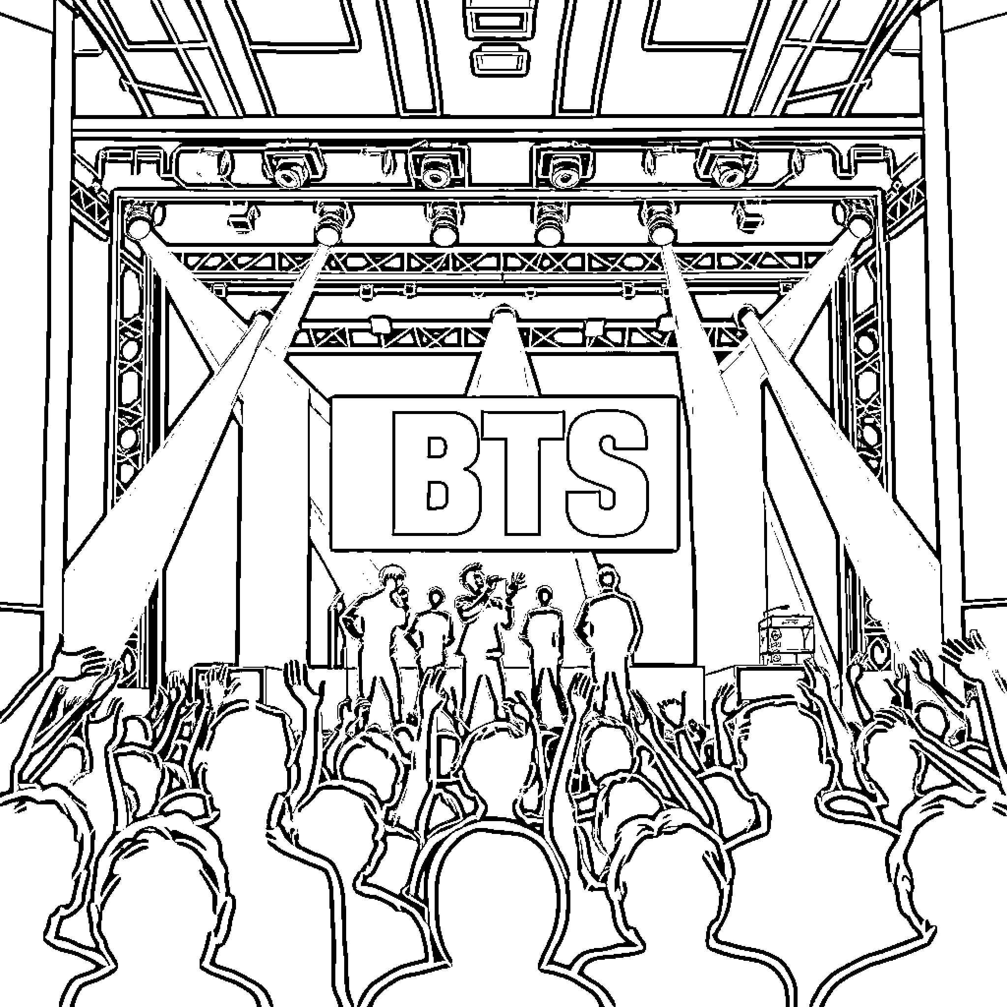 BTS Performing on Stage with Energetic Crowd Coloring Page (free black-and-white line drawing printable PDF for all, from beginners to advanced learners, including children, teens, adults, and seniors)