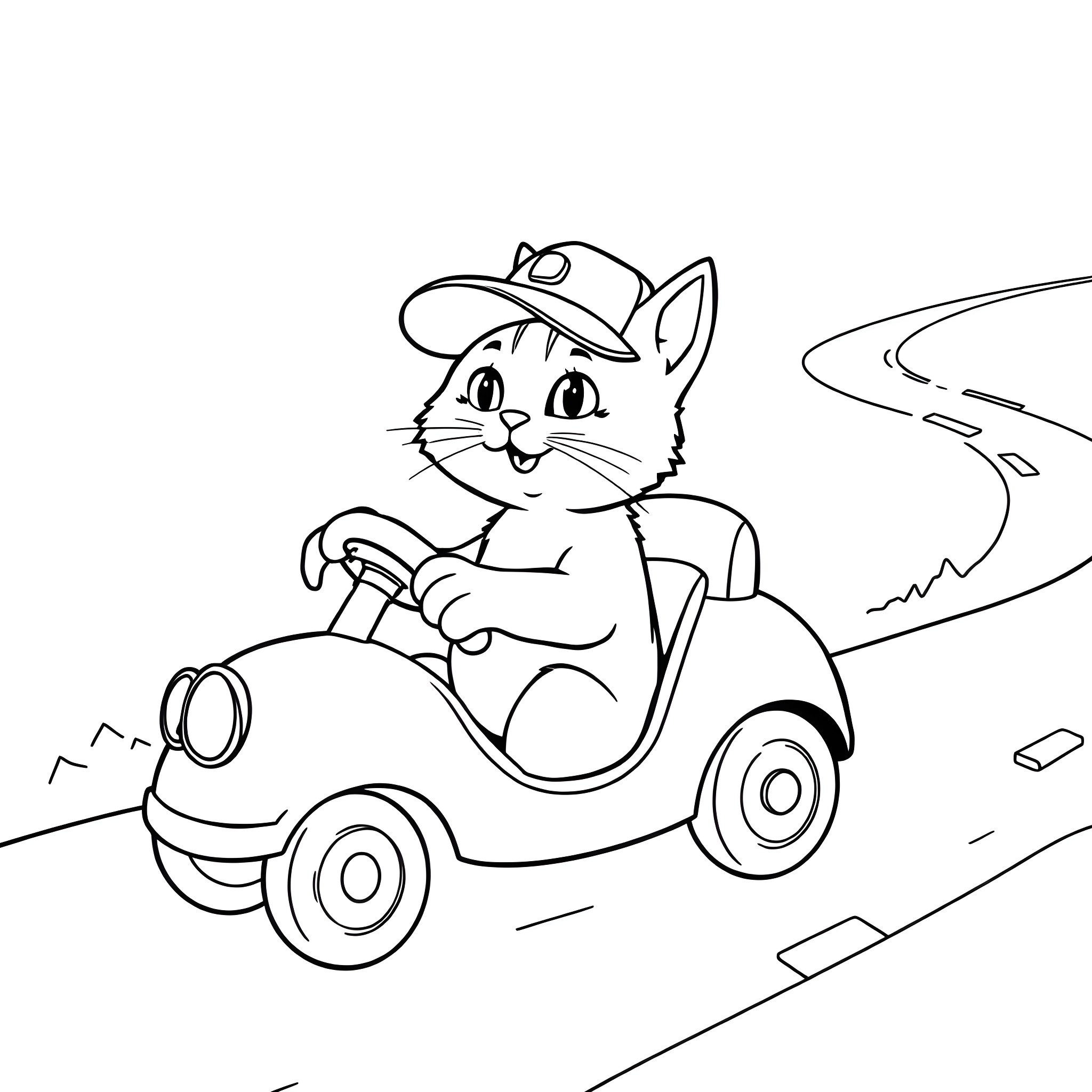 Cat driving a car on the road Coloring Page (free black-and-white line drawing printable PDF for all, from beginners to advanced learners, including children, teens, adults, and seniors)