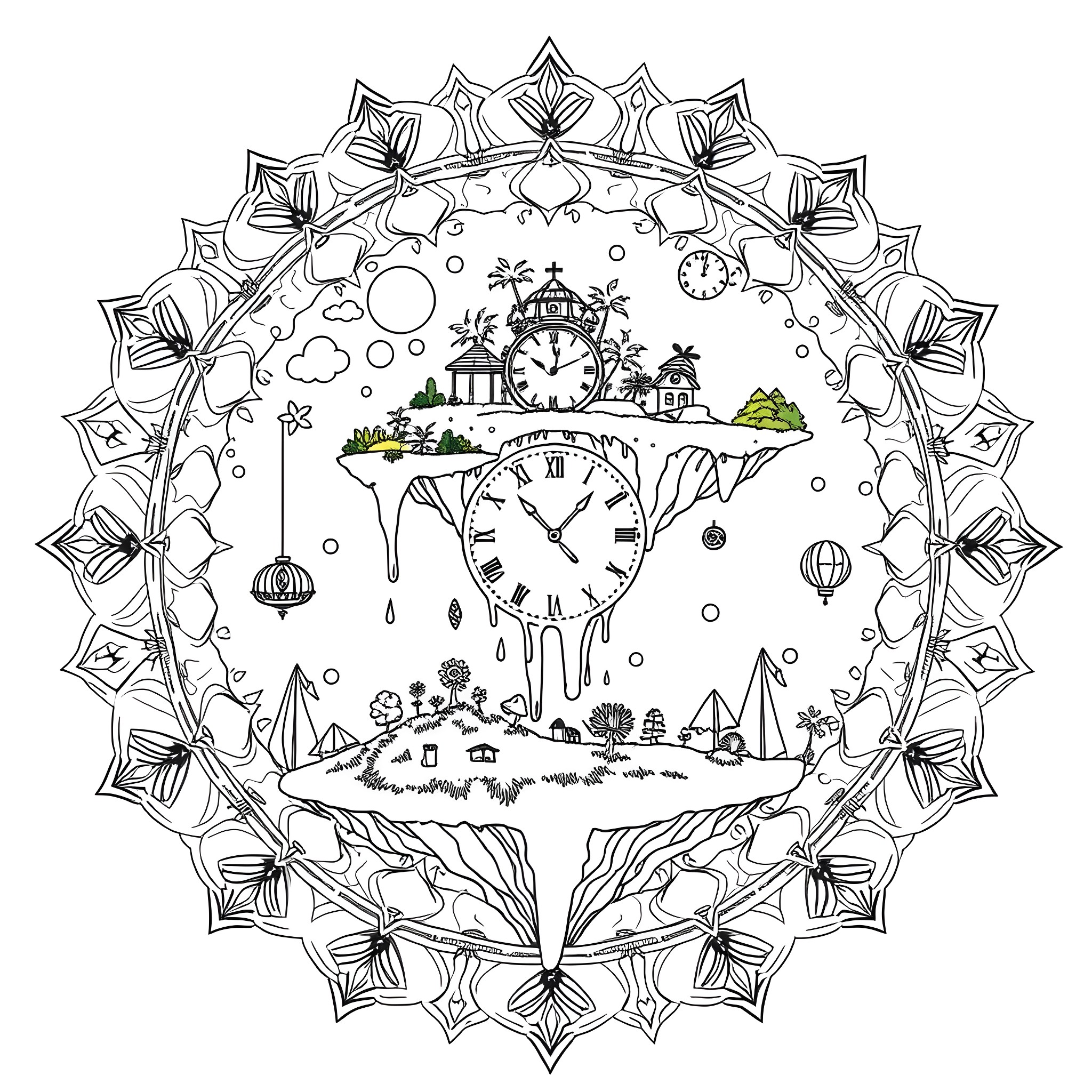 Mandala with whimsical clock and landscapes Coloring Page (free black-and-white line drawing printable PDF for all, from beginners to advanced learners, including children, teens, adults, and seniors)