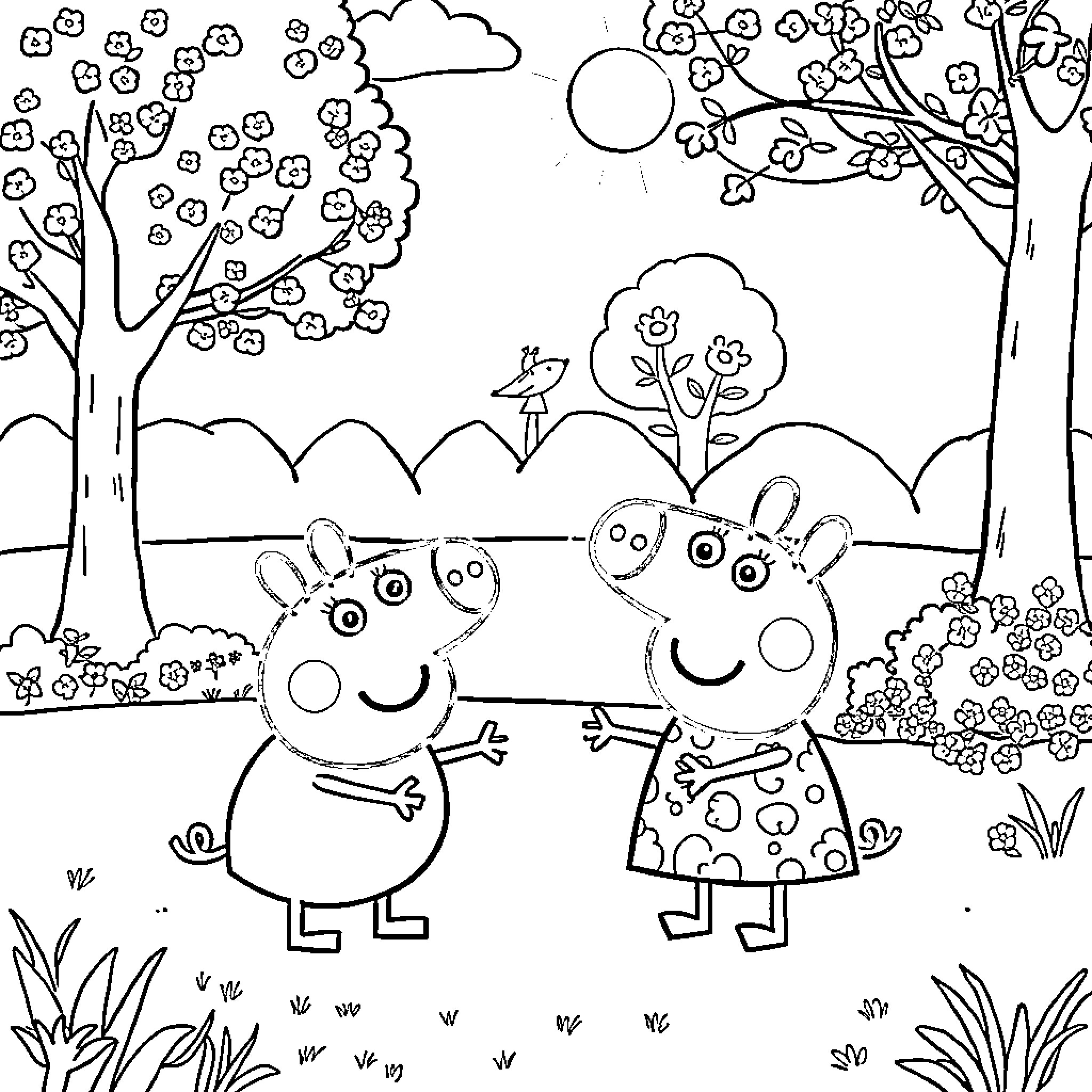 Peppa Pig and friends enjoying nature together Coloring Page (free black-and-white line drawing printable PDF for all, from beginners to advanced learners, including children, teens, adults, and seniors)