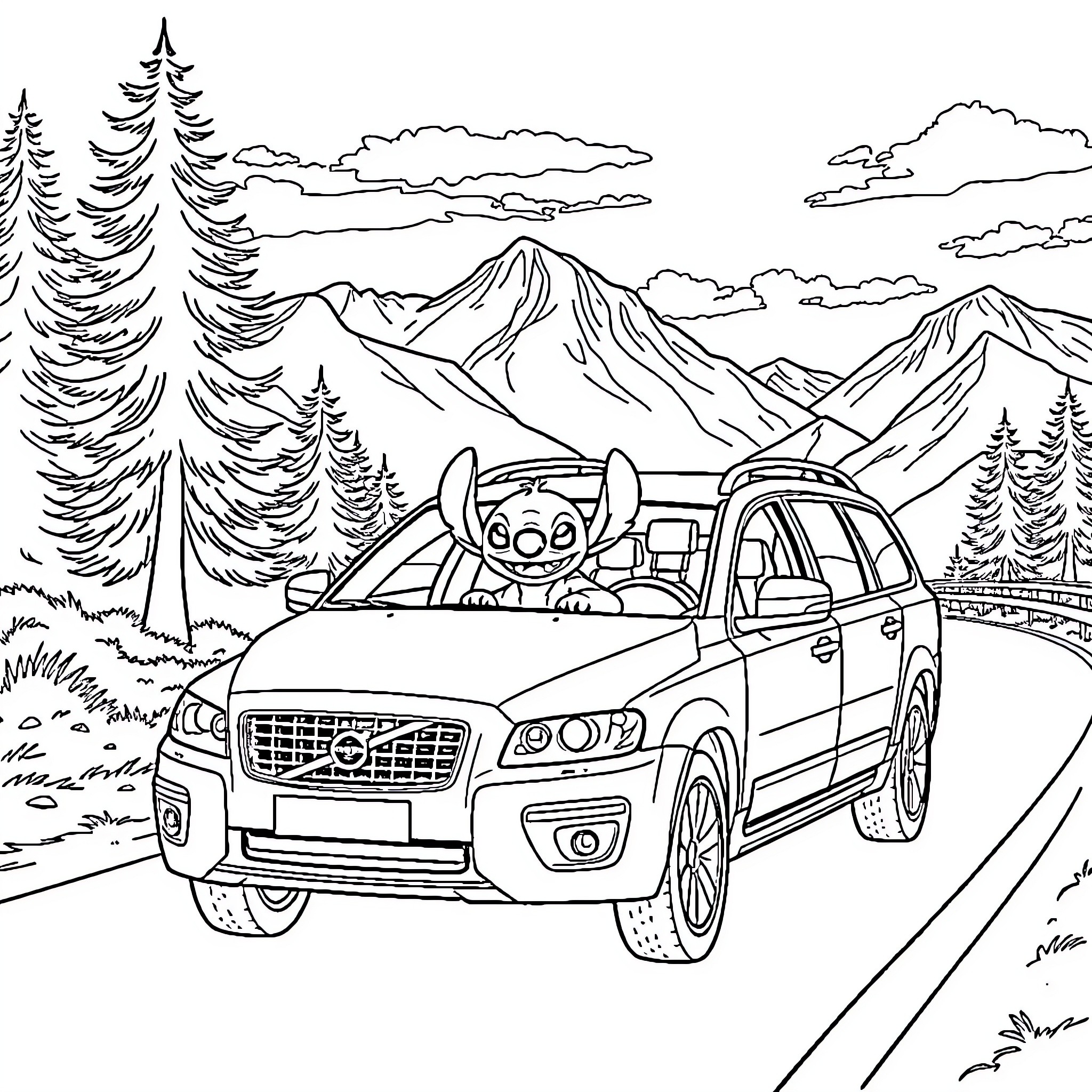 Volvo SUV on a scenic mountain road with a friendly animal Coloring Page (free black-and-white line drawing printable PDF for all, from beginners to advanced learners, including children, teens, adults, and seniors)