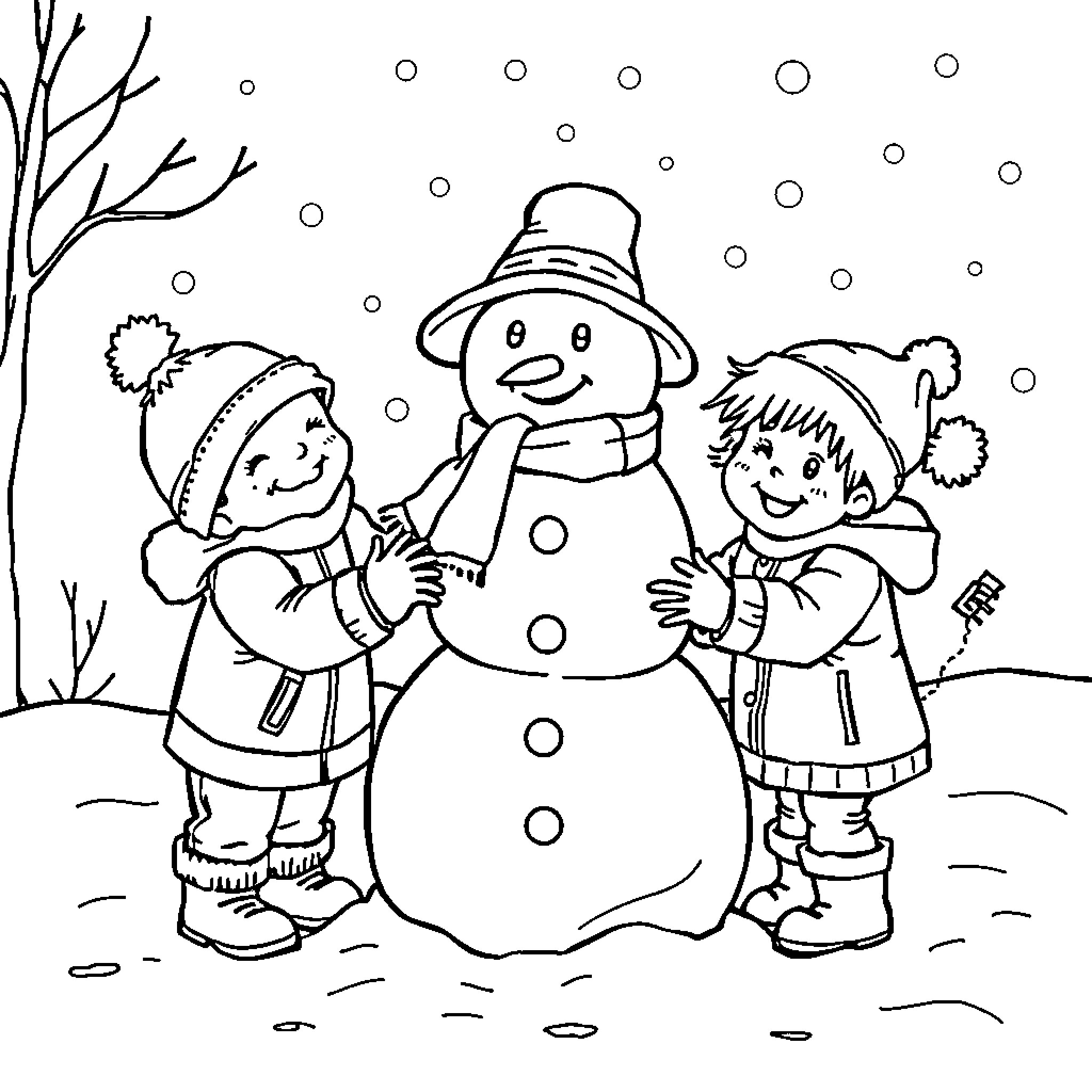 Children building snowman in winter wonderland Coloring Page (free black-and-white line drawing printable PDF for all, from beginners to advanced learners, including children, teens, adults, and seniors)