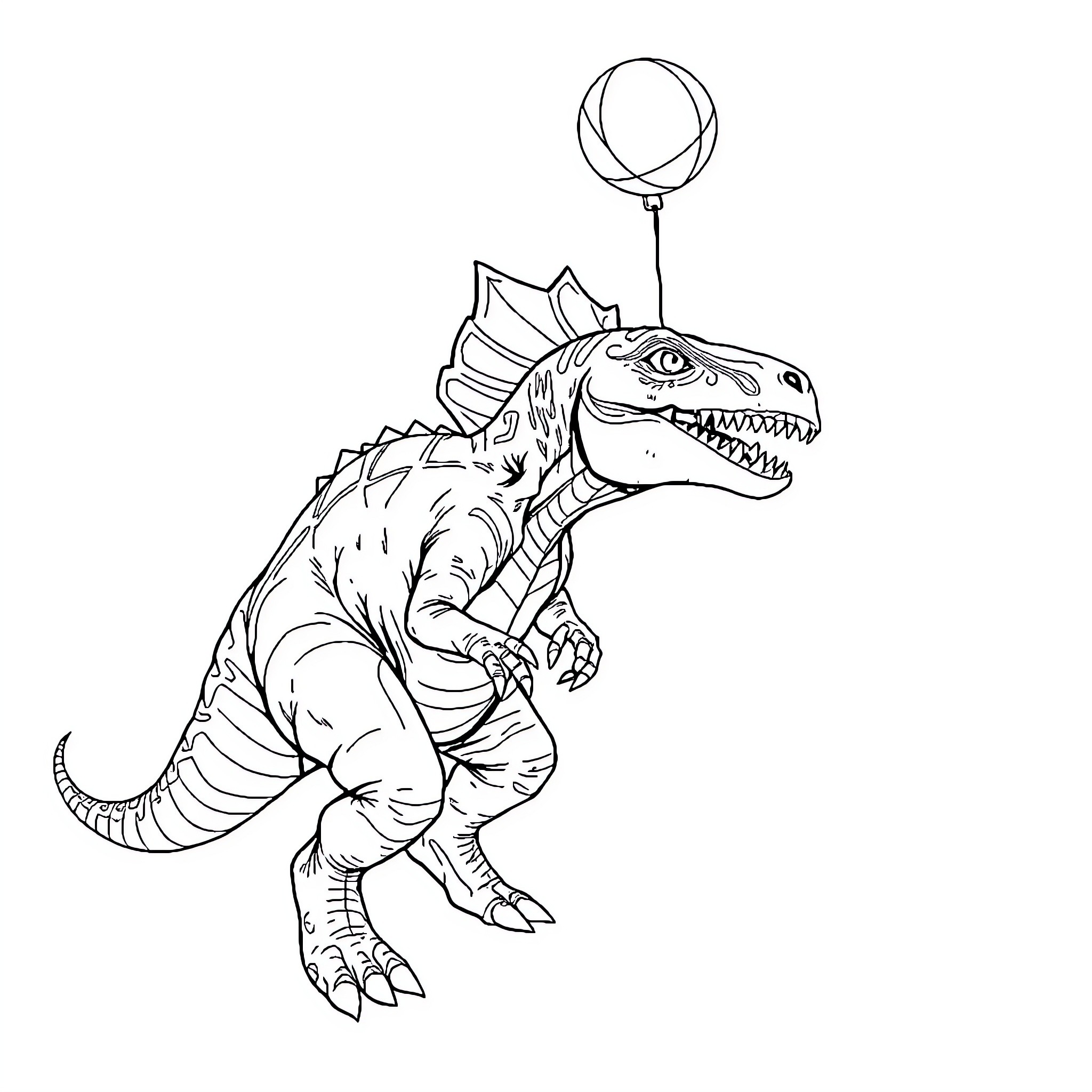 Tyrannosaurus riding a colorful balloon Coloring Page (free black-and-white line drawing printable PDF for all, from beginners to advanced learners, including children, teens, adults, and seniors)