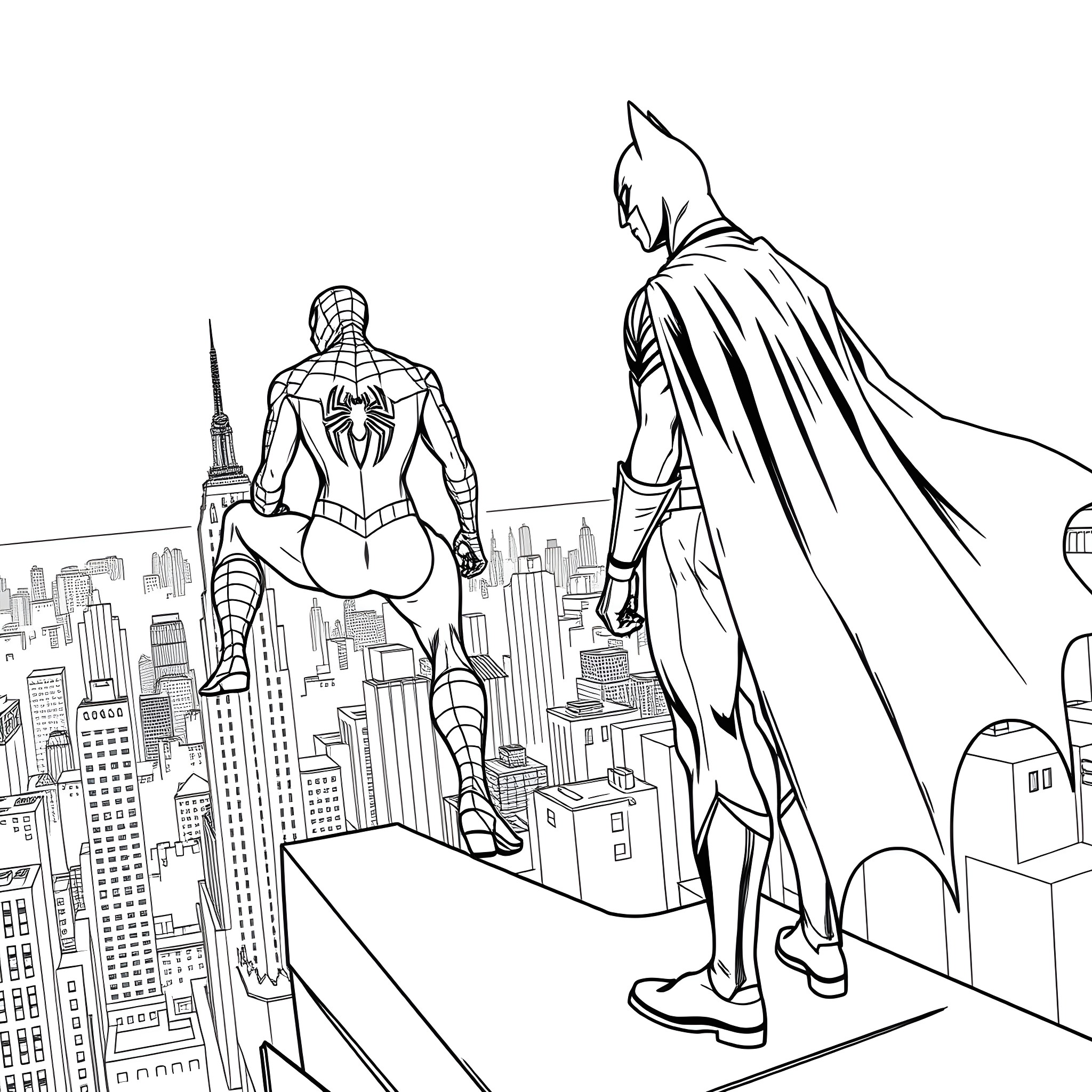 Spider-Man and Batman watching over the city Coloring Page (free black-and-white line drawing printable PDF for all, from beginners to advanced learners, including children, teens, adults, and seniors)