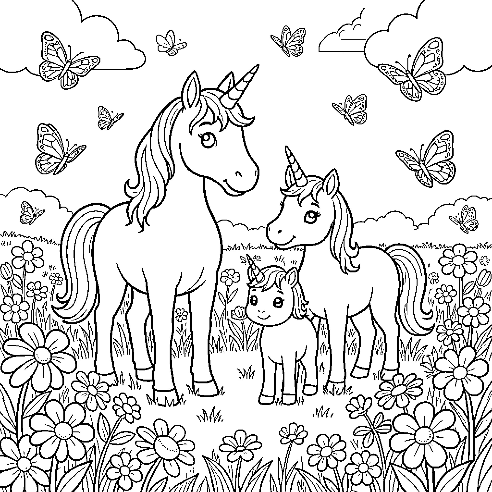 Unicorn family in a magical meadow with butterflies Coloring Page (free black-and-white line drawing printable PDF for all, from beginners to advanced learners, including children, teens, adults, and seniors)