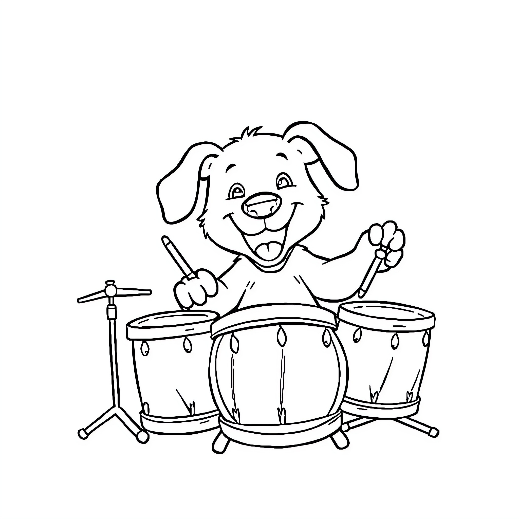 Dog playing drums happily Coloring Page (free black-and-white line drawing printable PDF for all, from beginners to advanced learners, including children, teens, adults, and seniors)