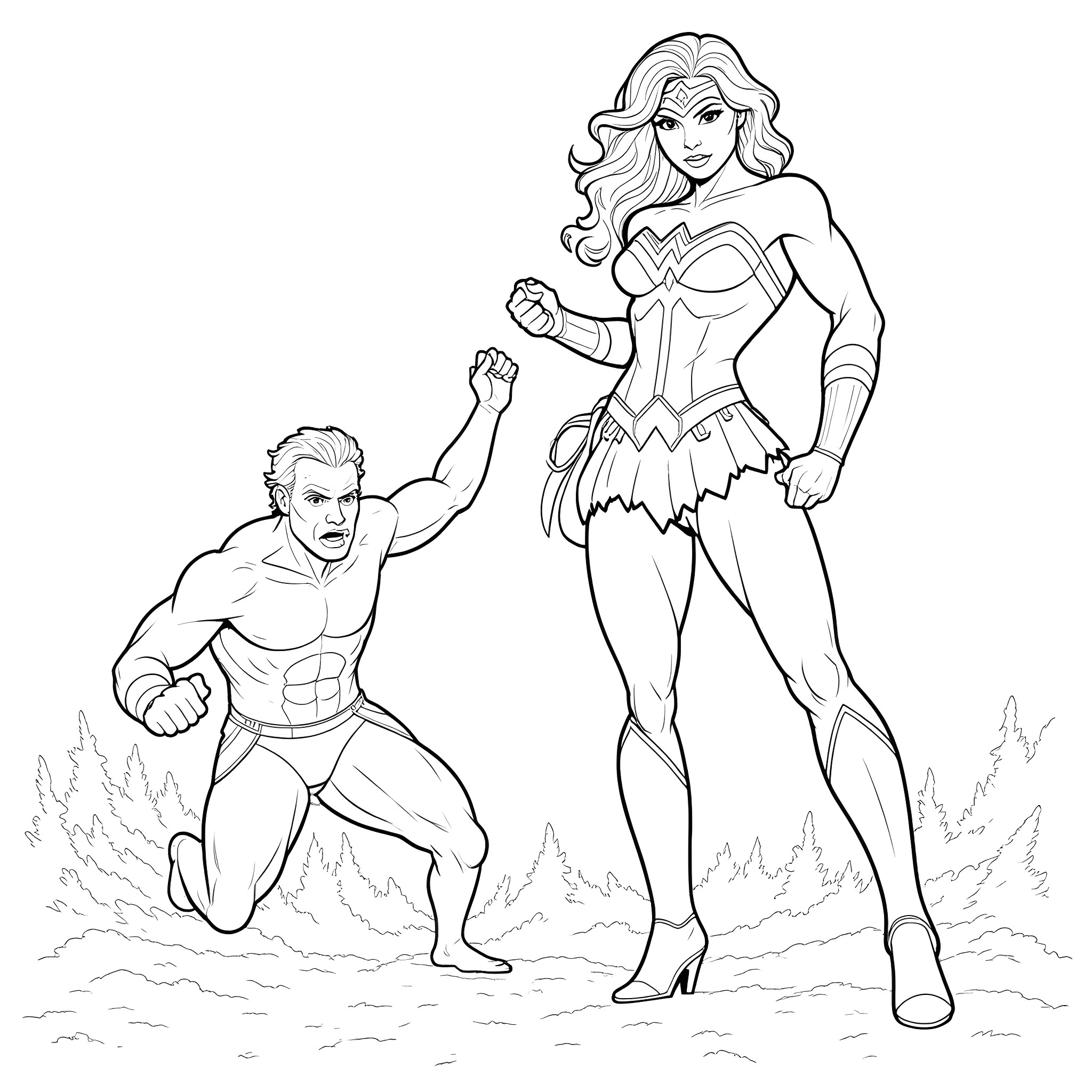 Wonder Woman and Male Superhero in Action Pose Coloring Page (free black-and-white line drawing printable PDF for all, from beginners to advanced learners, including children, teens, adults, and seniors)