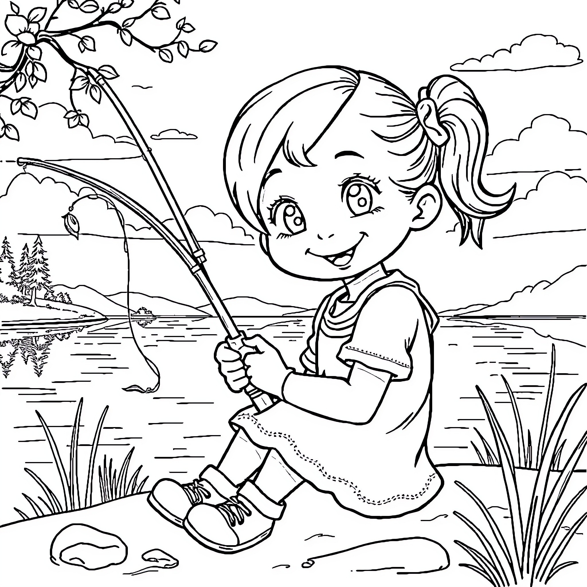 Girl fishing happily by the lake Coloring Page (free black-and-white line drawing printable PDF for all, from beginners to advanced learners, including children, teens, adults, and seniors)