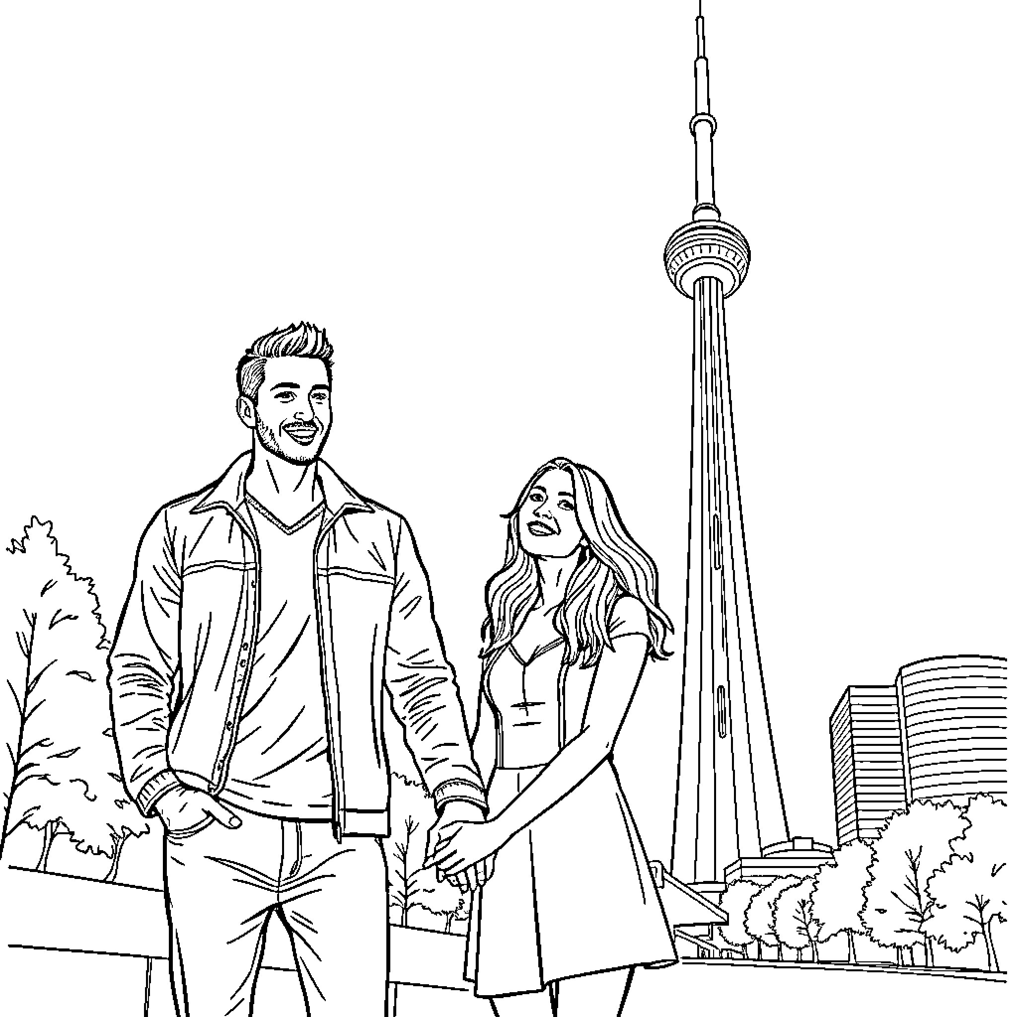 Couple enjoying sights in the city Coloring Page (free black-and-white line drawing printable PDF for all, from beginners to advanced learners, including children, teens, adults, and seniors)