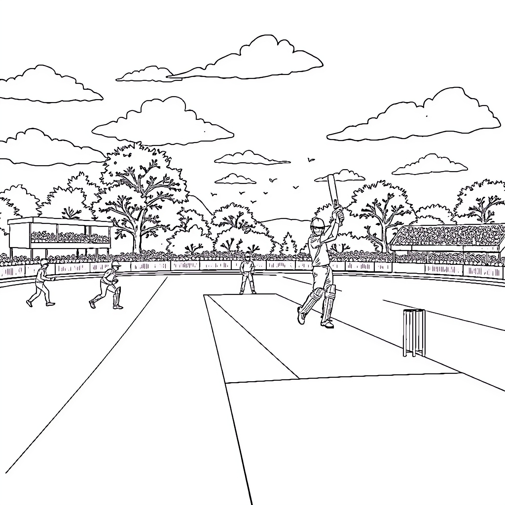 Cricket match on a scenic field with spectators Coloring Page (free black-and-white line drawing printable PDF for all, from beginners to advanced learners, including children, teens, adults, and seniors)
