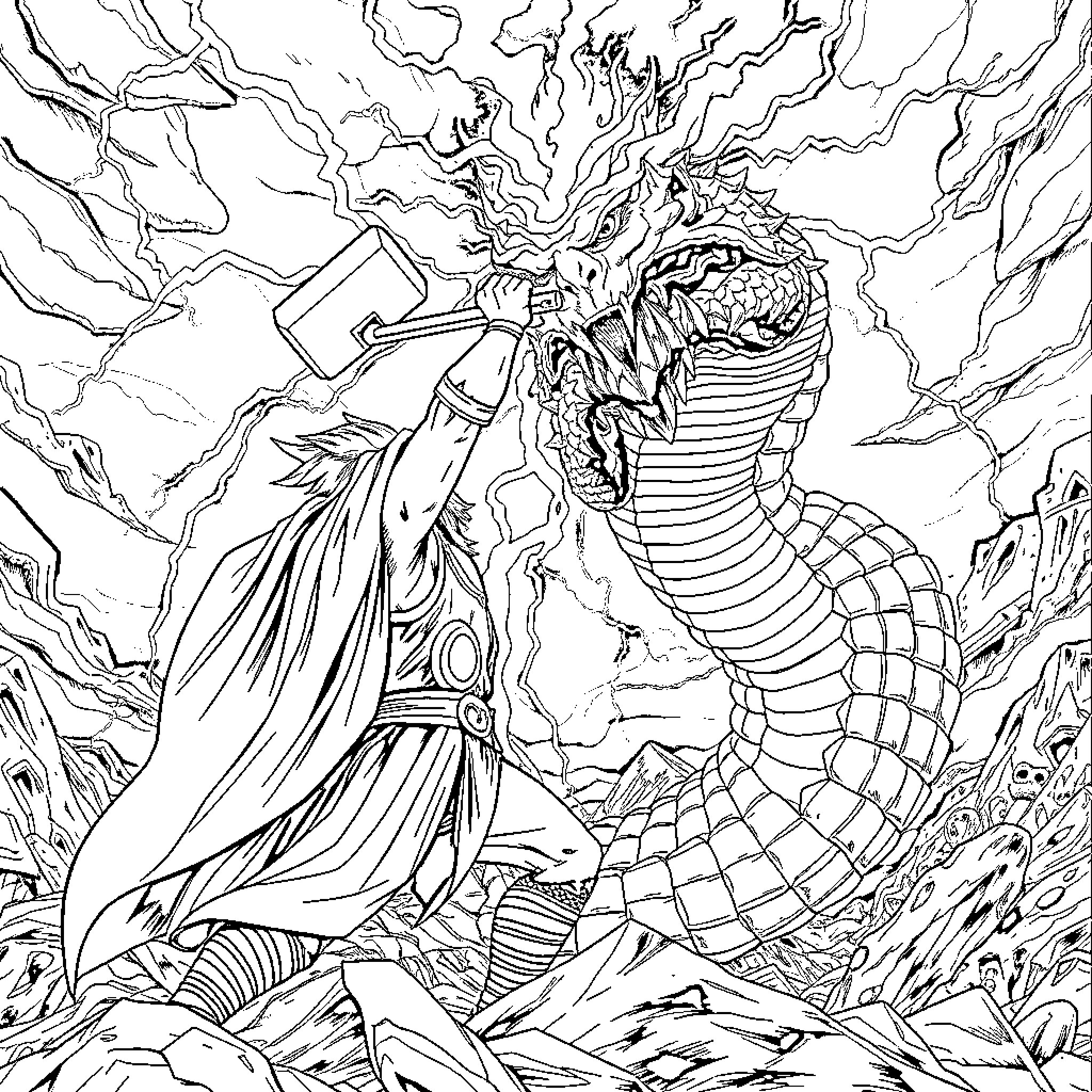 Thor battling a fearsome dragon in a raging storm Coloring Page (free black-and-white line drawing printable PDF for all, from beginners to advanced learners, including children, teens, adults, and seniors)