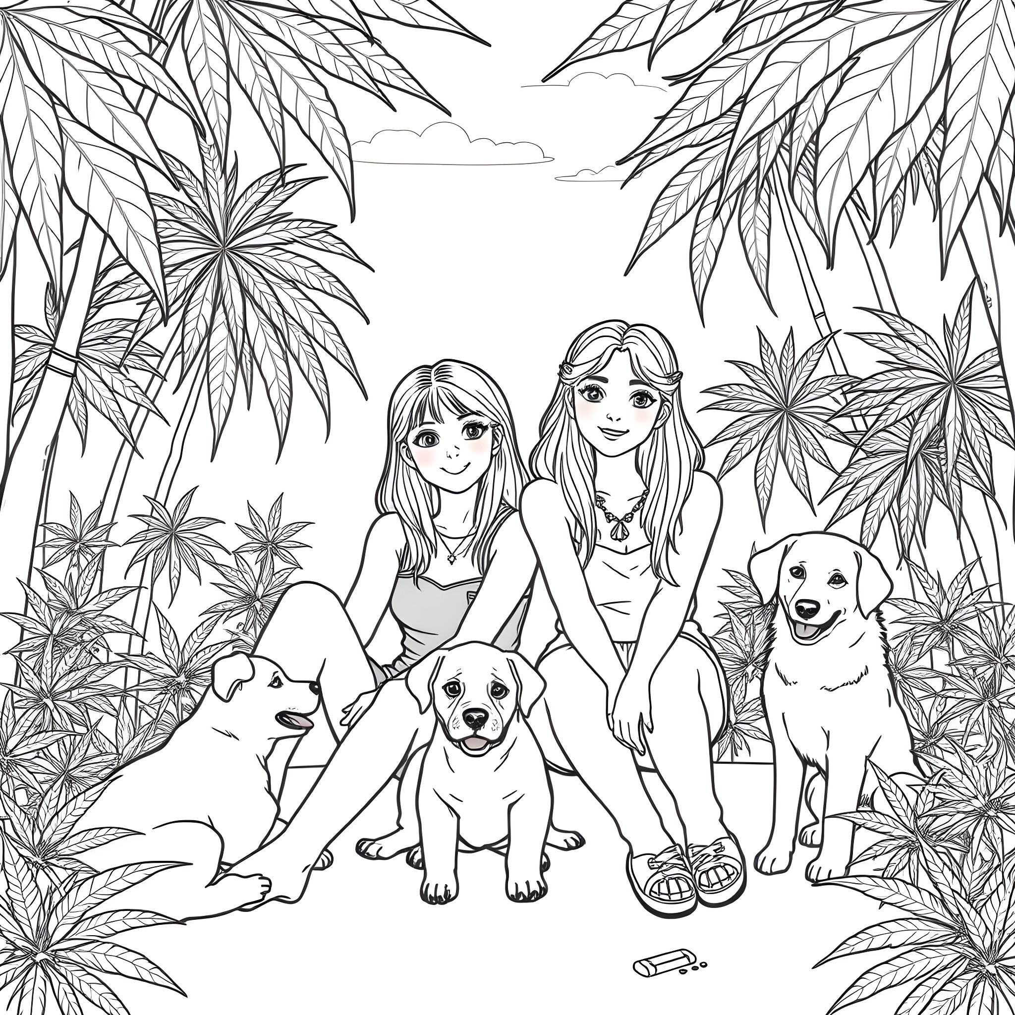 Girl and dogs exploring tropical forest Coloring Page (free black-and-white line drawing printable PDF for all, from beginners to advanced learners, including children, teens, adults, and seniors)