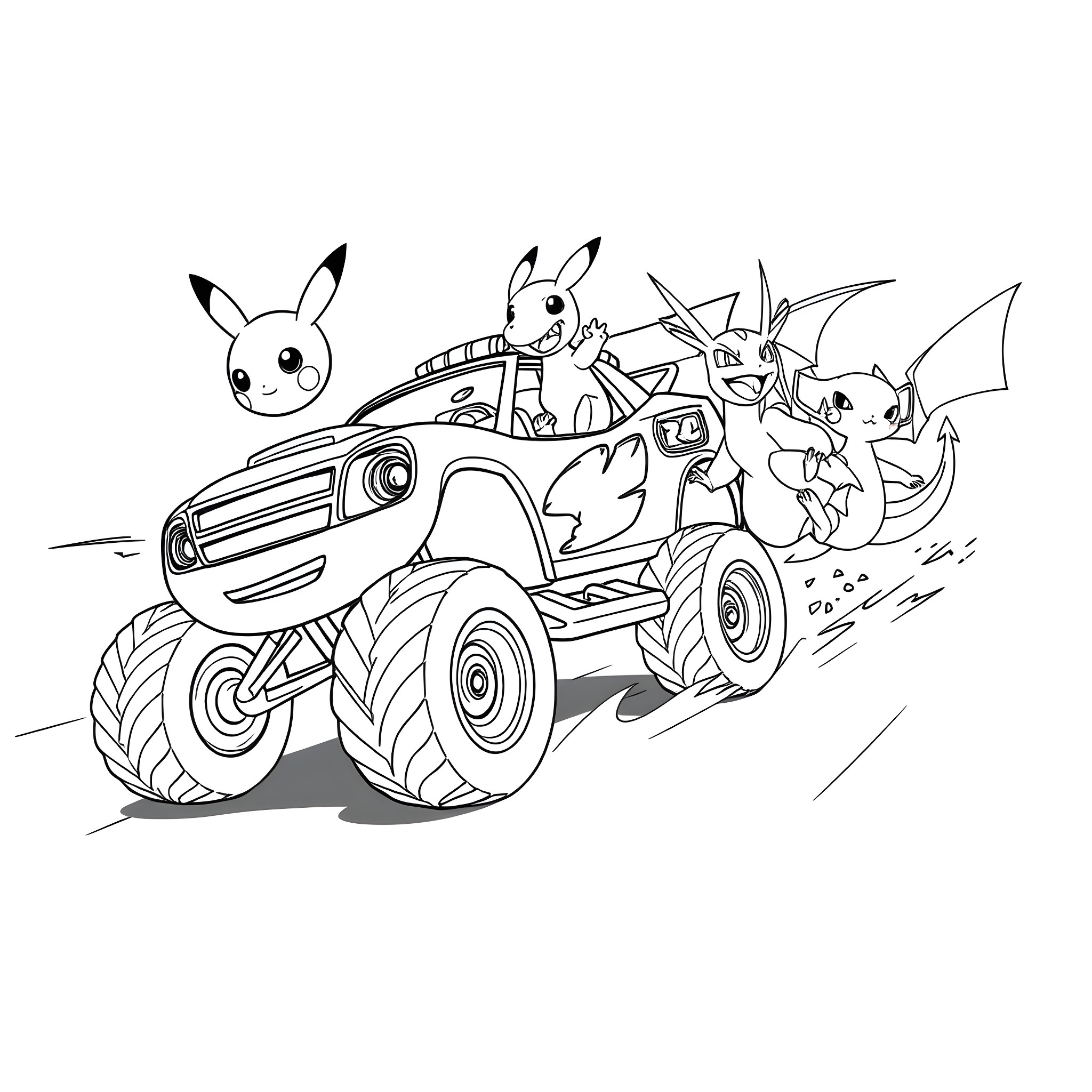 Blaze and the Monster Crew Ride Off into Adventure Coloring Page (free black-and-white line drawing printable PDF for all, from beginners to advanced learners, including children, teens, adults, and seniors)