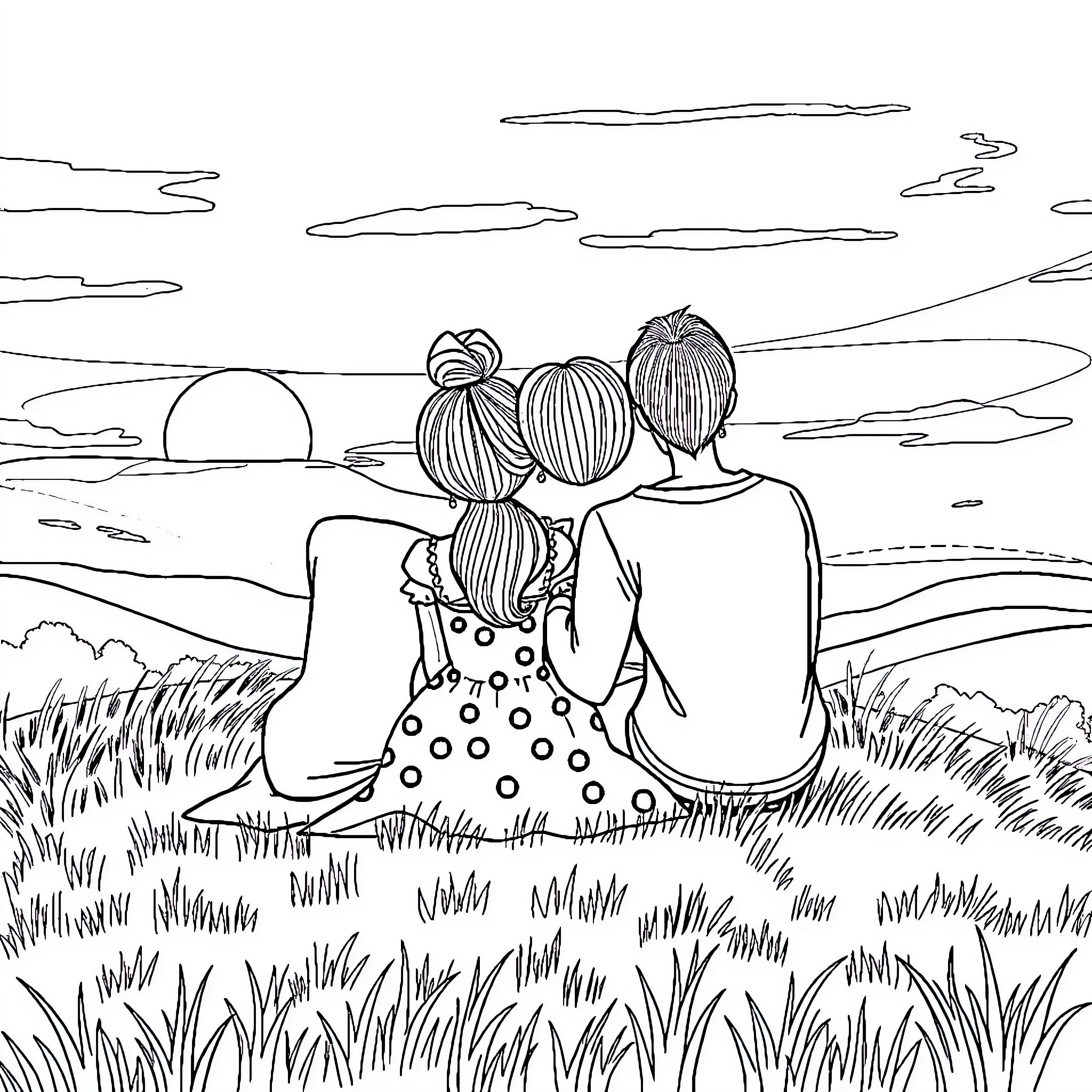 Family enjoying sunset in tranquil nature Coloring Page (free black-and-white line drawing printable PDF for all, from beginners to advanced learners, including children, teens, adults, and seniors)