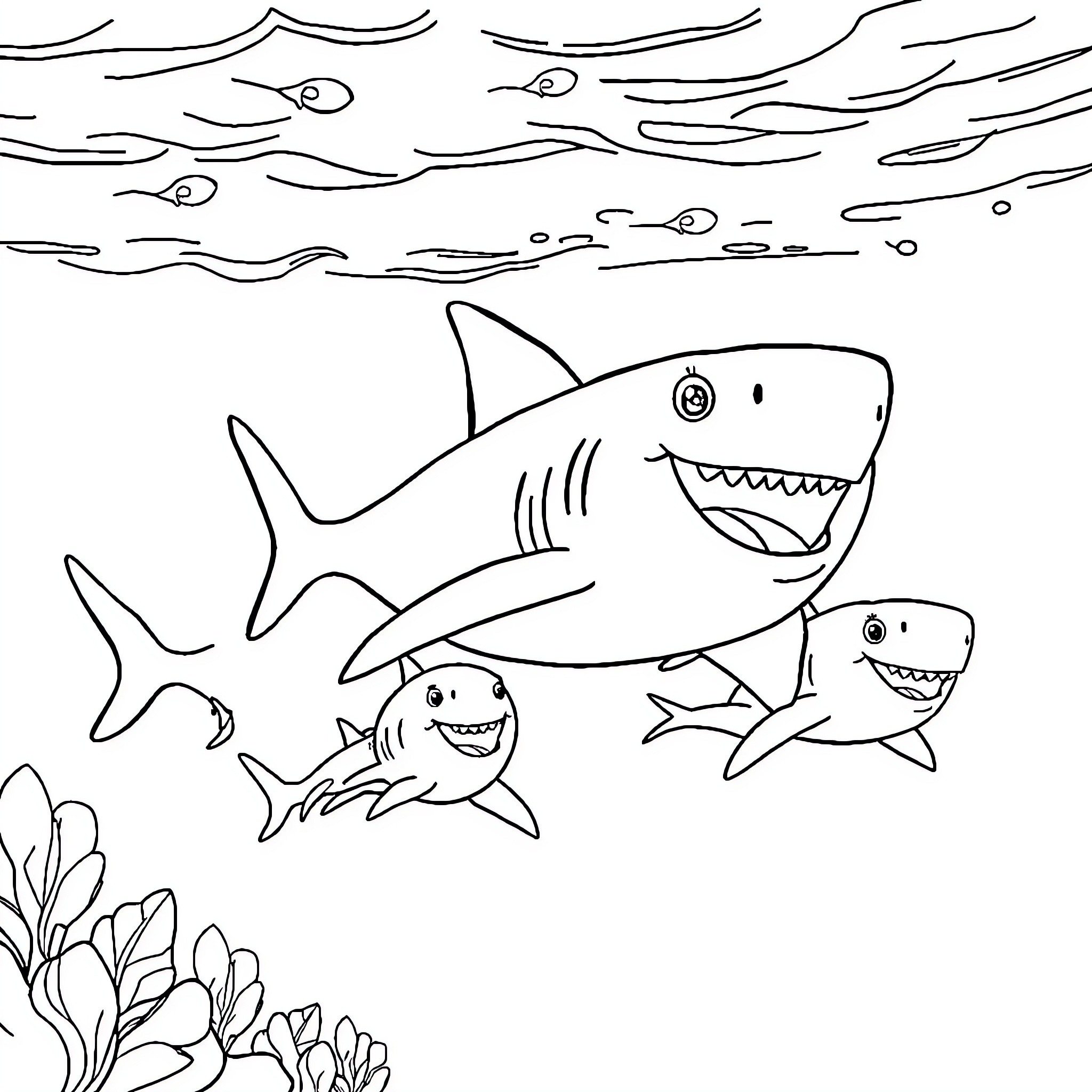 Shark family exploring the ocean Coloring Page (free black-and-white line drawing printable PDF for all, from beginners to advanced learners, including children, teens, adults, and seniors)